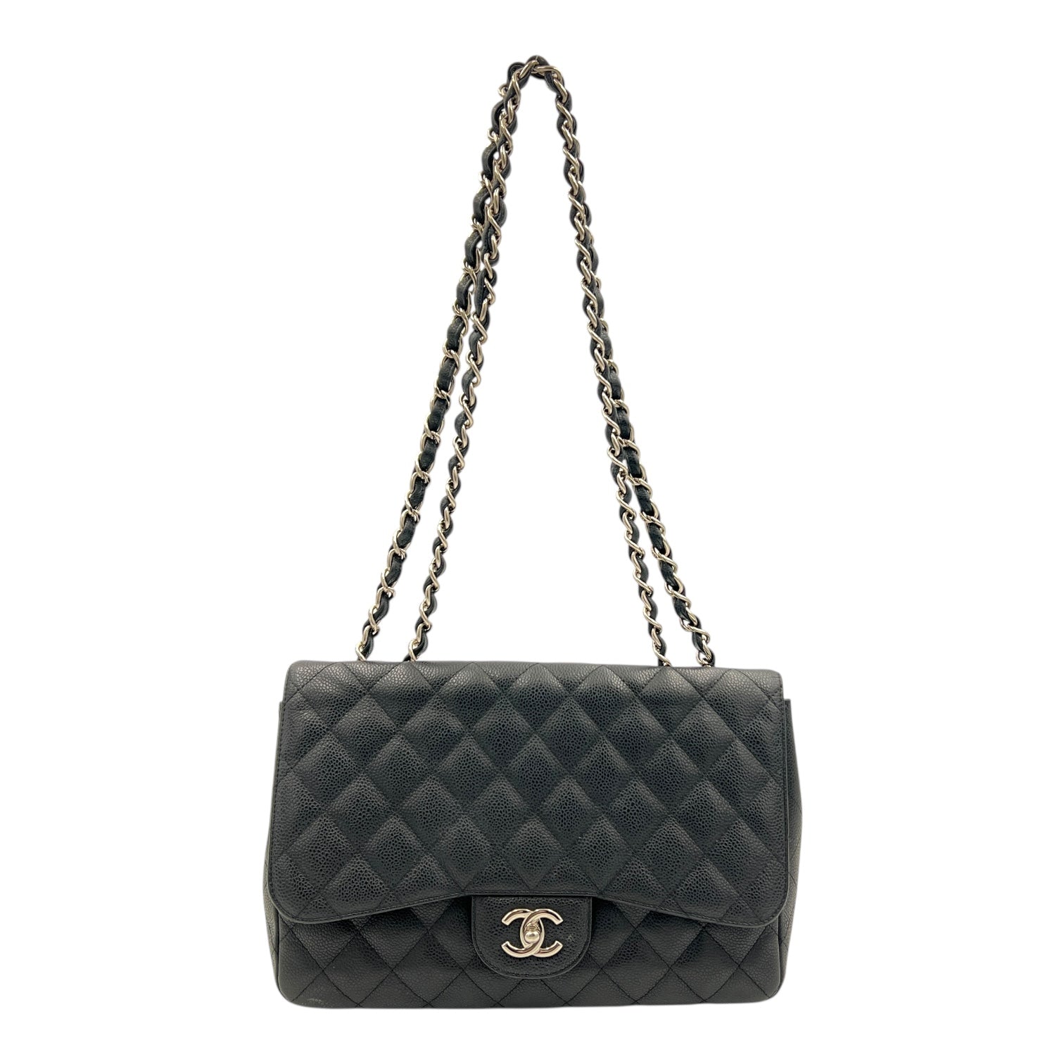 Classic Jumbo Single Flap Black Shoulder Bag in Caviar Leather, Silver hardware