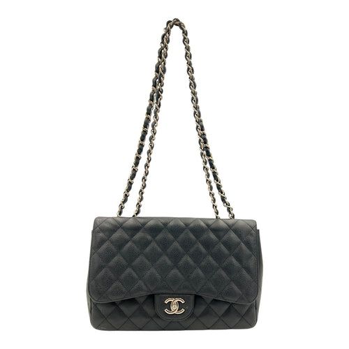 Classic Jumbo Single Flap Black Shoulder Bag in Caviar Leather, Silver hardware