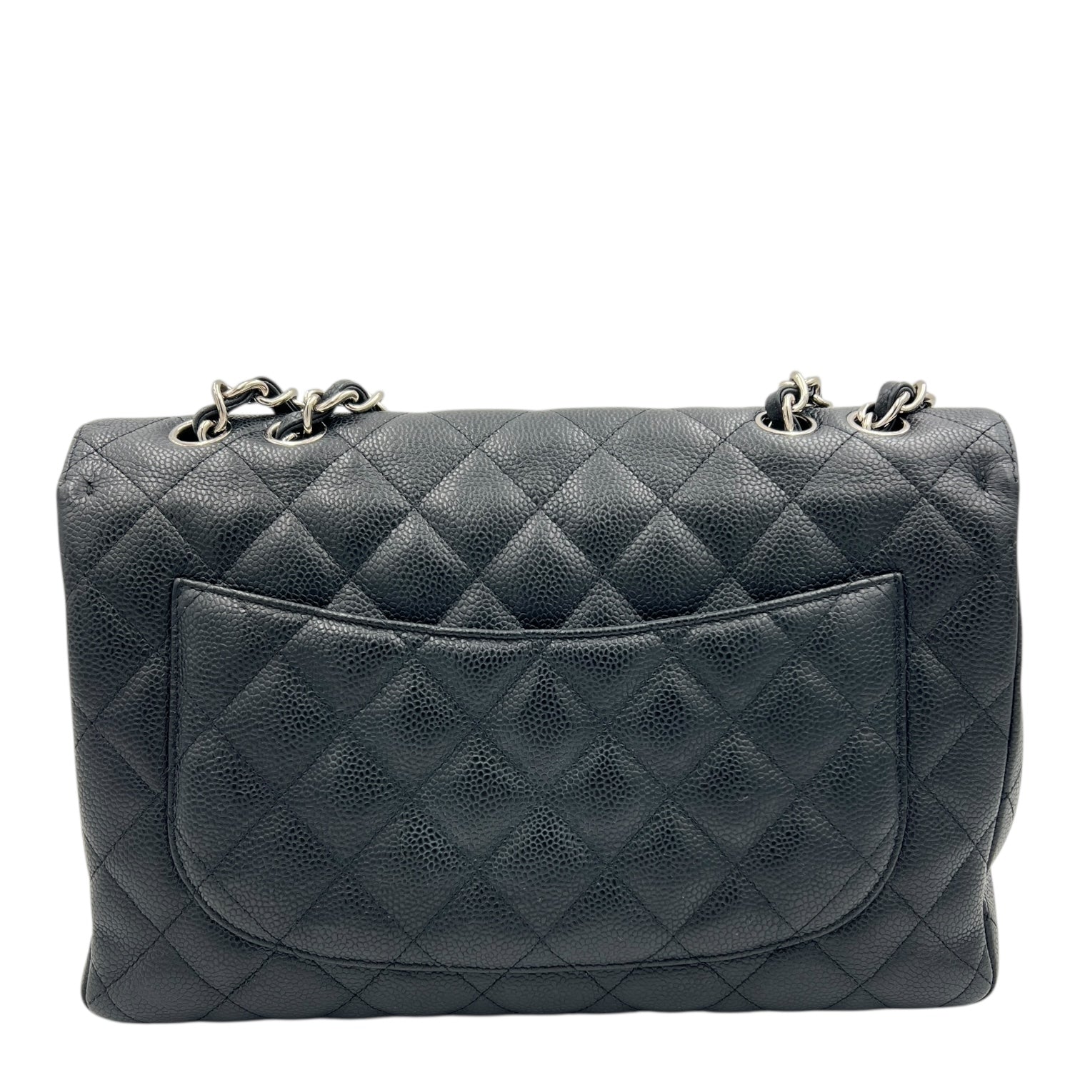 Classic Jumbo Single Flap Black Shoulder Bag in Caviar Leather, Silver hardware