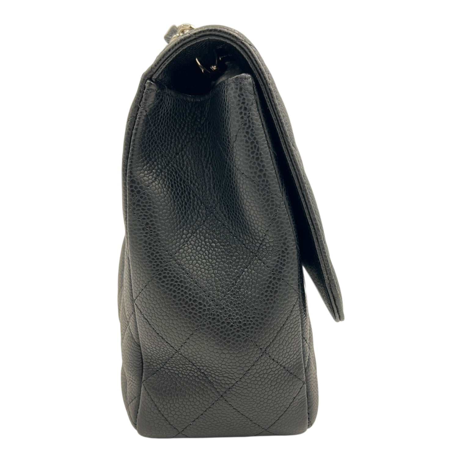 Classic Jumbo Single Flap Black Shoulder Bag in Caviar Leather, Silver hardware