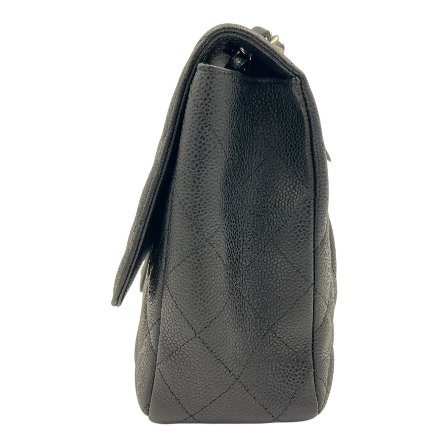 Classic Jumbo Single Flap Black Shoulder Bag in Caviar Leather, Silver hardware