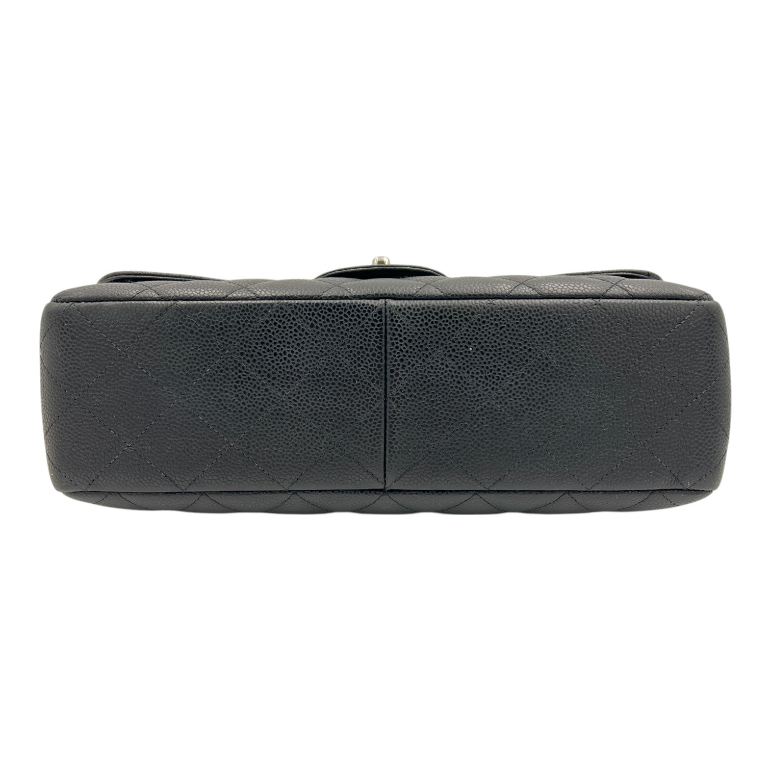 Classic Jumbo Single Flap Black Shoulder Bag in Caviar Leather, Silver hardware