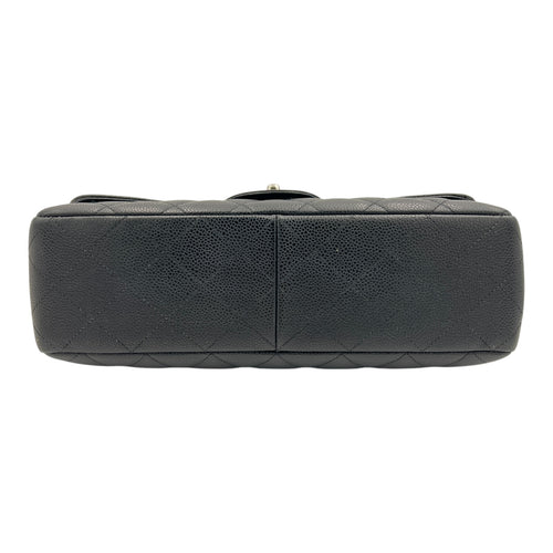 Classic Jumbo Single Flap Black Shoulder Bag in Caviar Leather, Silver hardware
