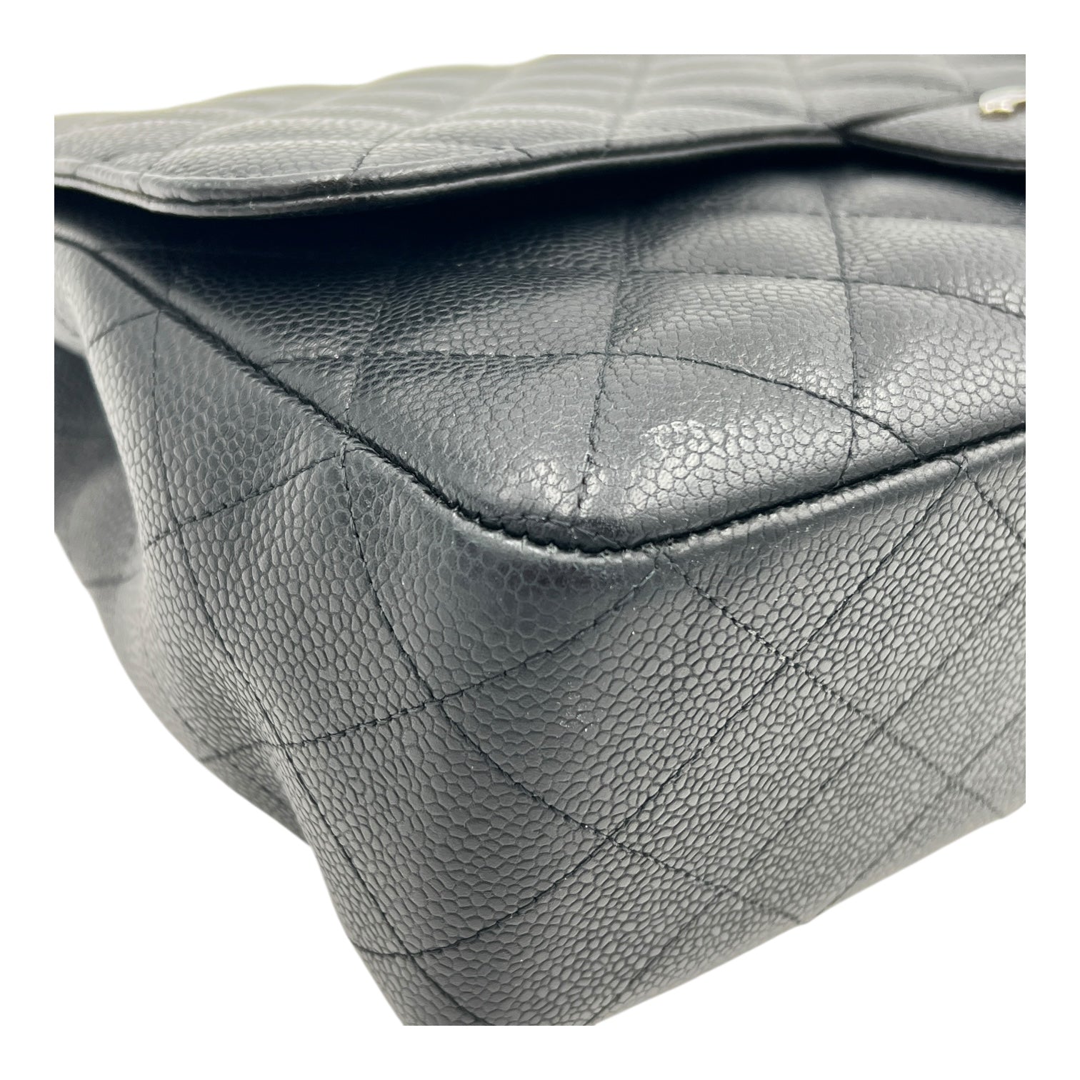 Classic Jumbo Single Flap Black Shoulder Bag in Caviar Leather, Silver hardware