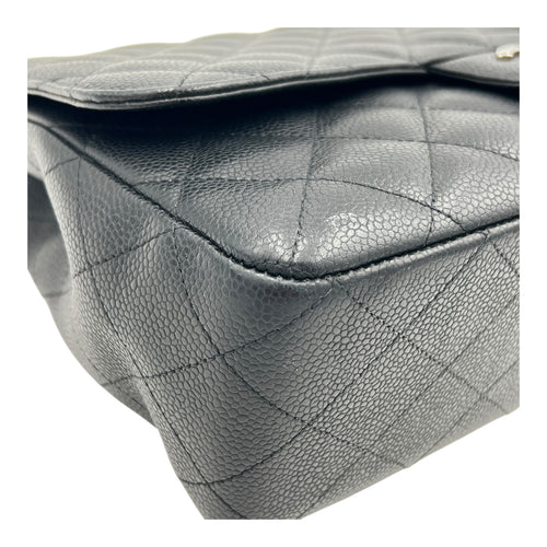 Classic Jumbo Single Flap Black Shoulder Bag in Caviar Leather, Silver hardware