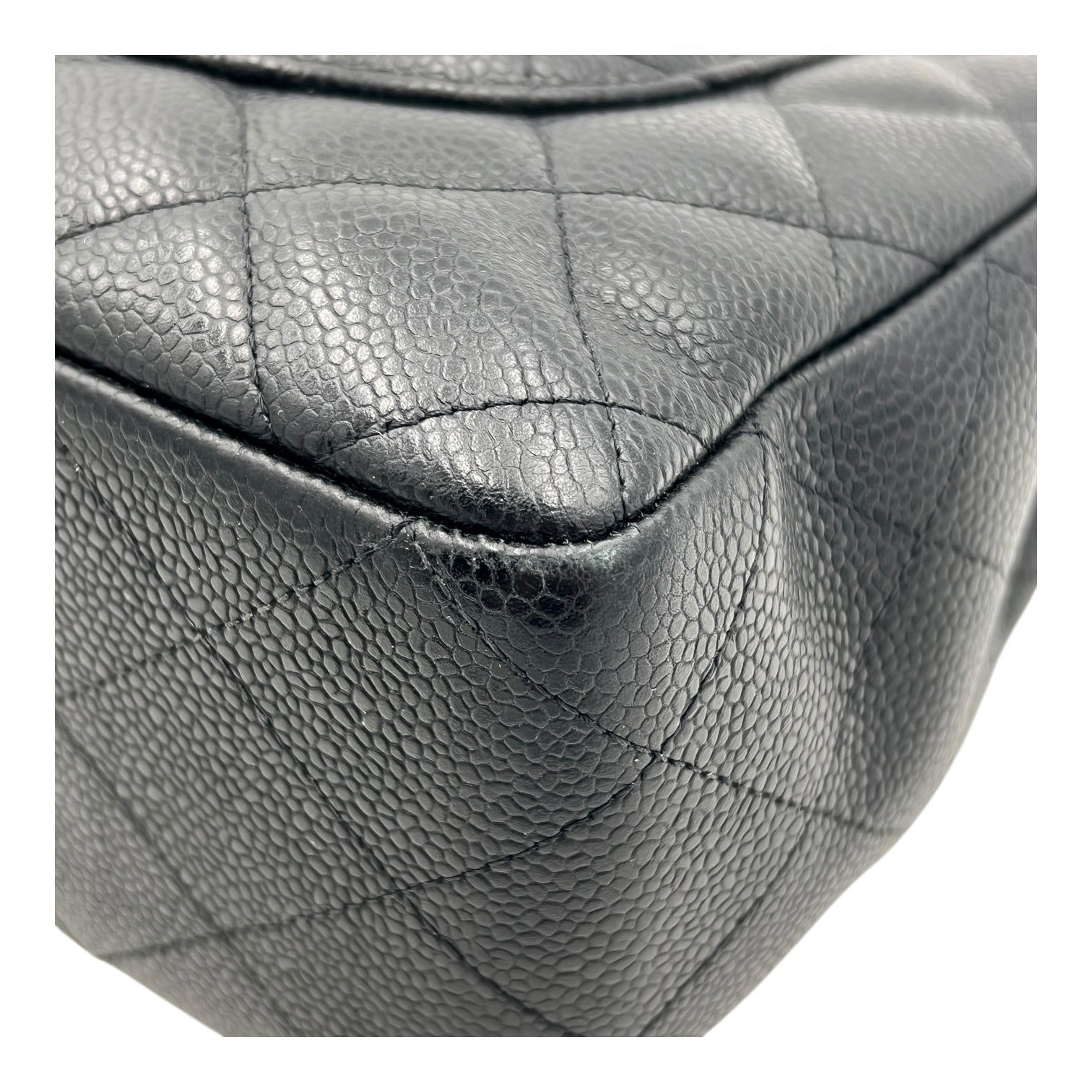Classic Jumbo Single Flap Black Shoulder Bag in Caviar Leather, Silver hardware