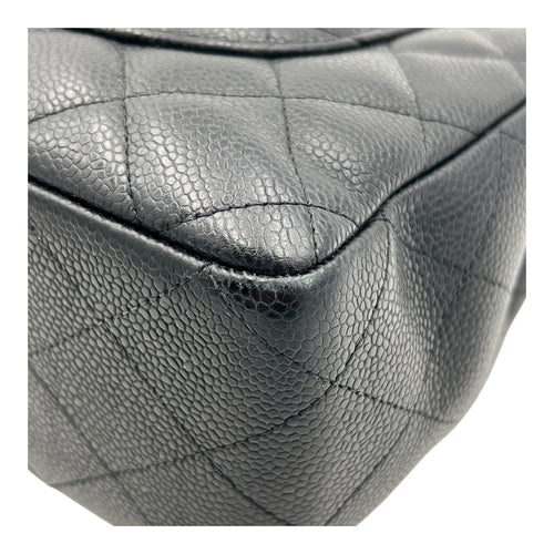 Classic Jumbo Single Flap Black Shoulder Bag in Caviar Leather, Silver hardware