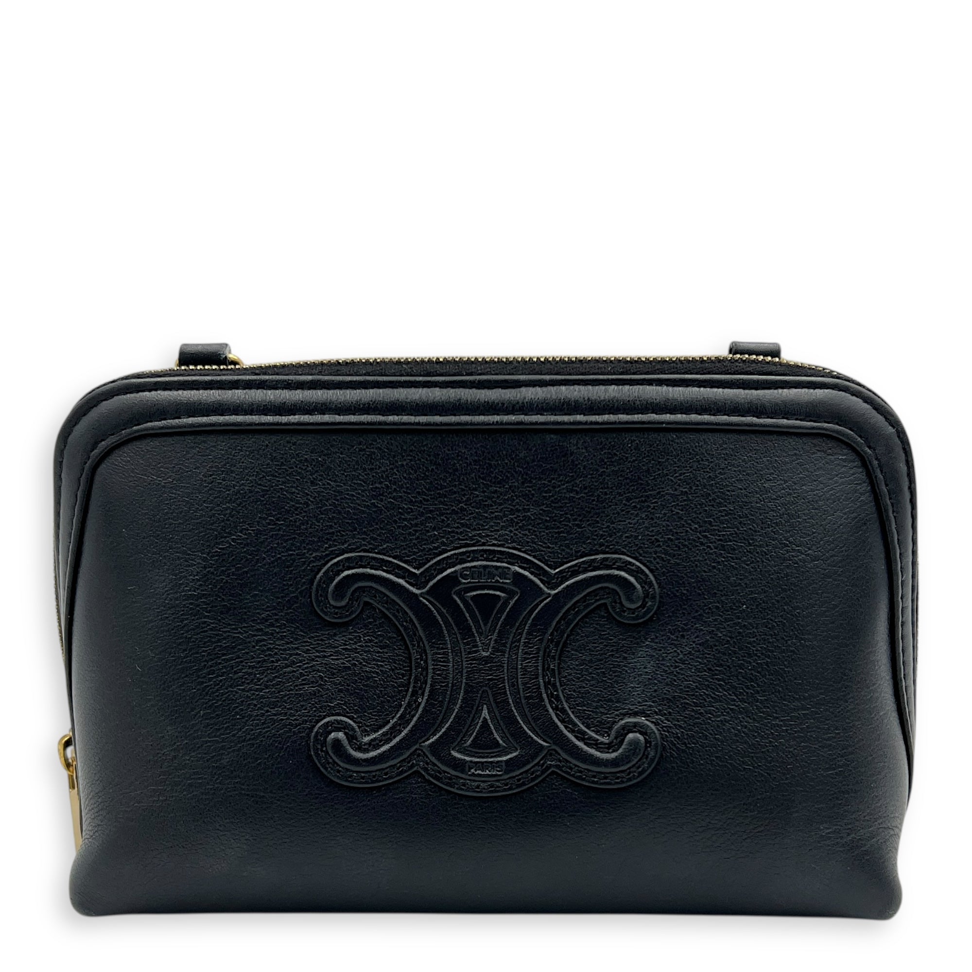 Triomphe Crossbody Bag Black in Calfskin, Gold hardware