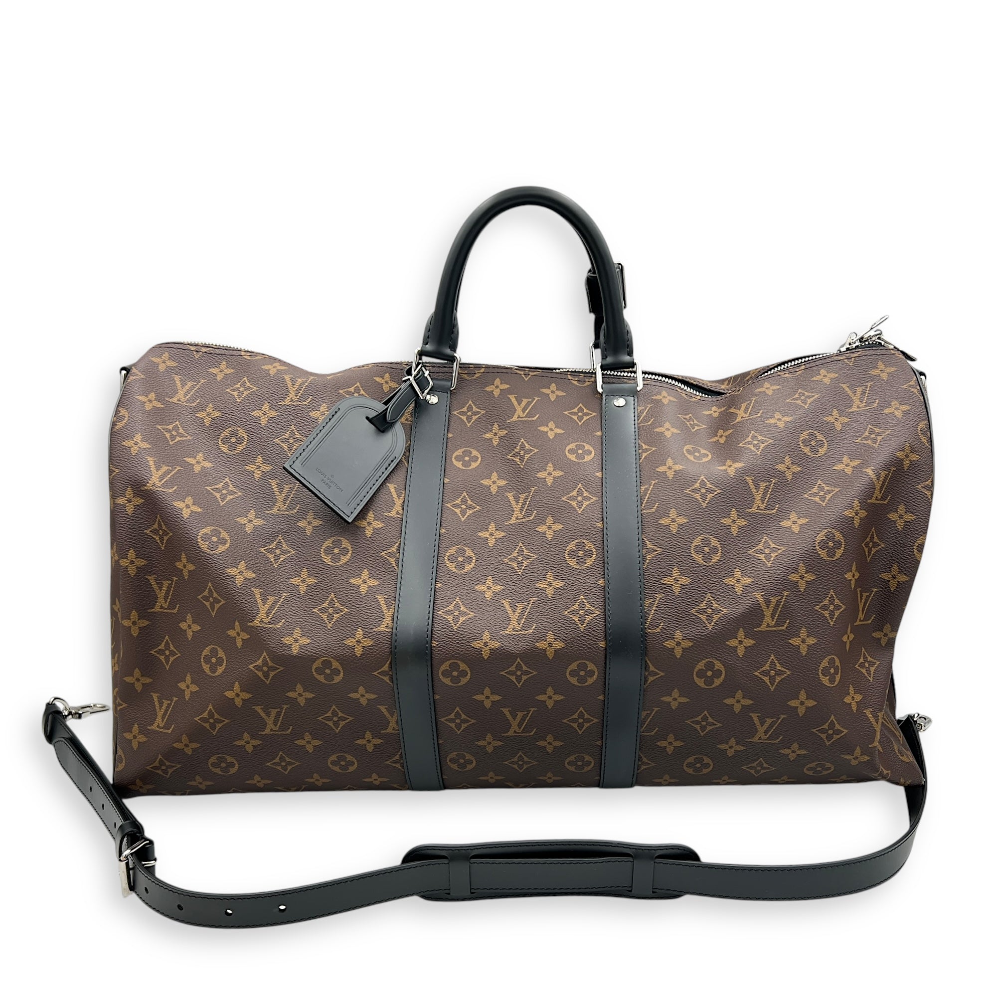 Keepall Duffle Bag 55 Black in Monogram Coated Canvas, Silver hardware