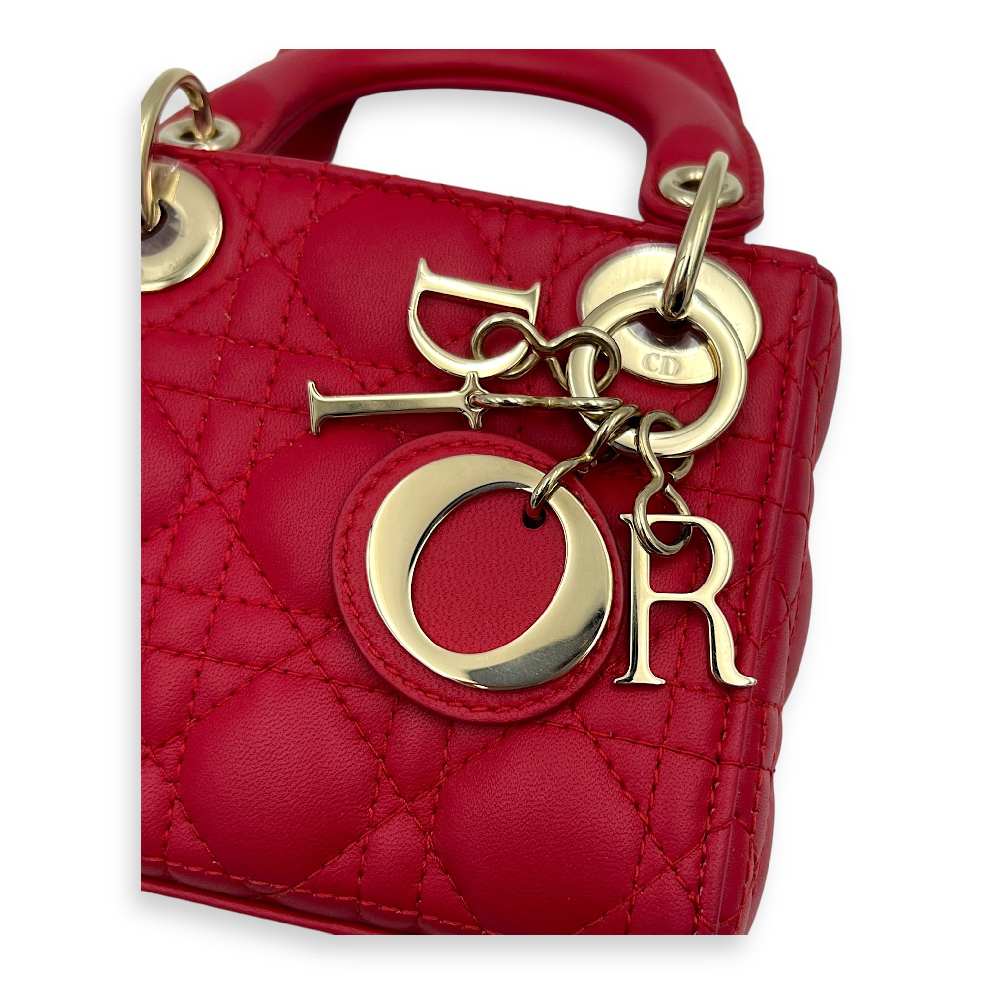 Lady Dior Top Handle Bag Nano Red in Lambskin, Gold hardware