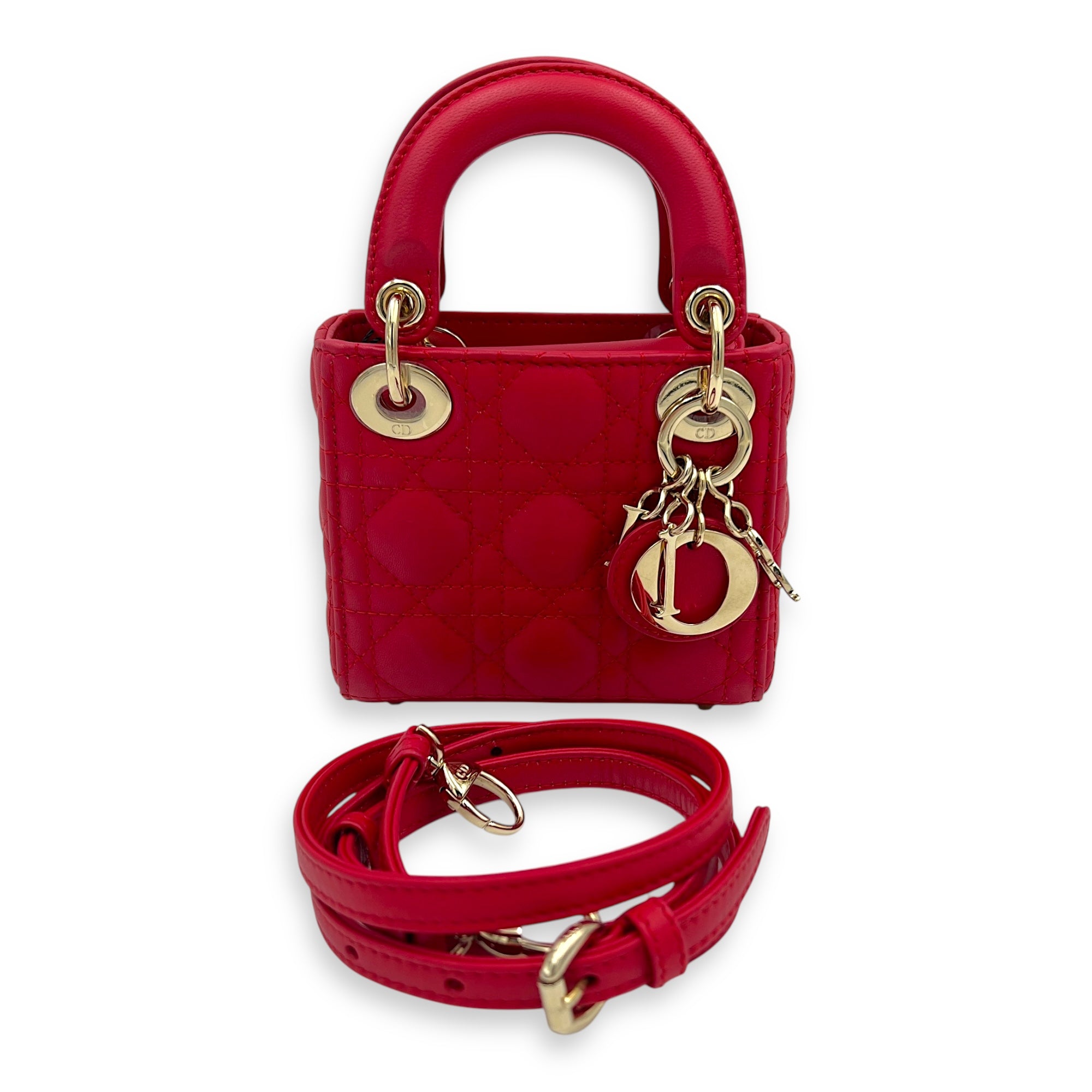 Lady Dior Top Handle Bag Nano Red in Lambskin, Gold hardware