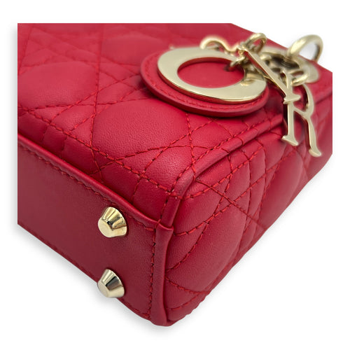 Lady Dior Top Handle Bag Nano Red in Lambskin, Gold hardware