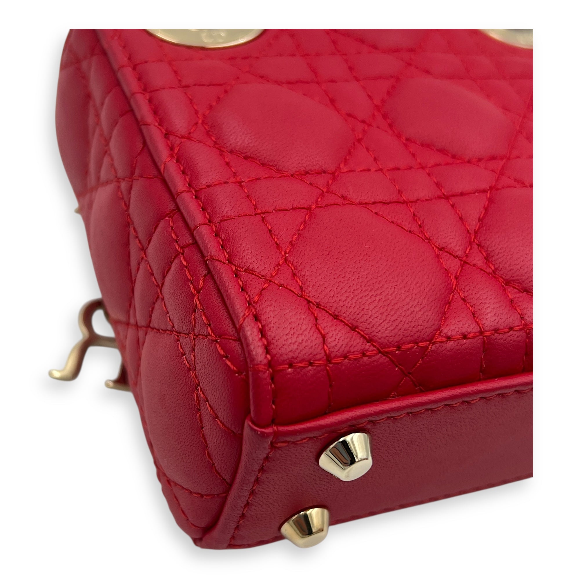 Lady Dior Top Handle Bag Nano Red in Lambskin, Gold hardware