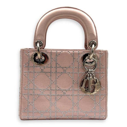 Lady Dior Top Handle Bag Mini Pink in Satin, Silver hardware