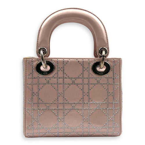 Lady Dior Top Handle Bag Mini Pink in Satin, Silver hardware