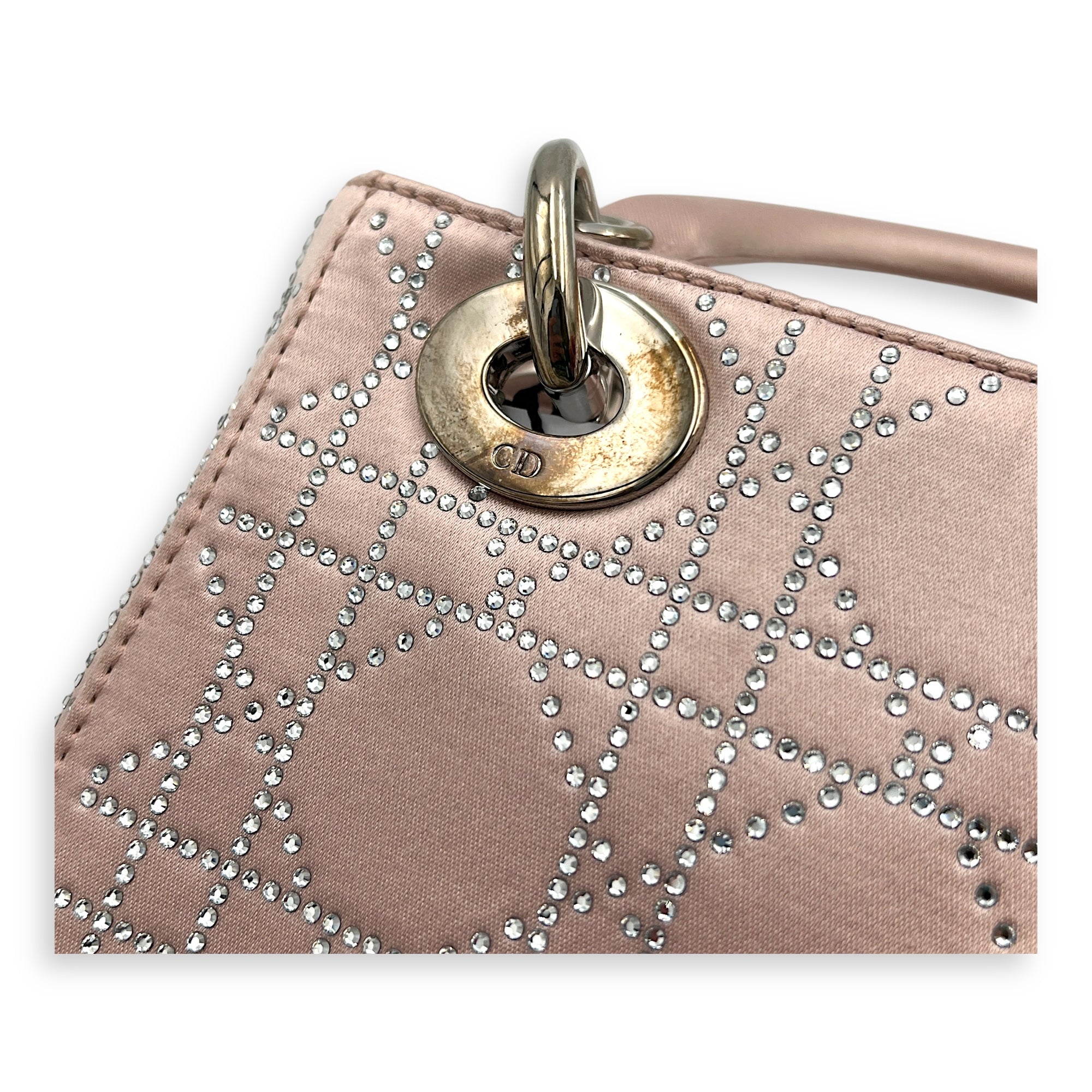 Lady Dior Top Handle Bag Mini Pink in Satin, Silver hardware