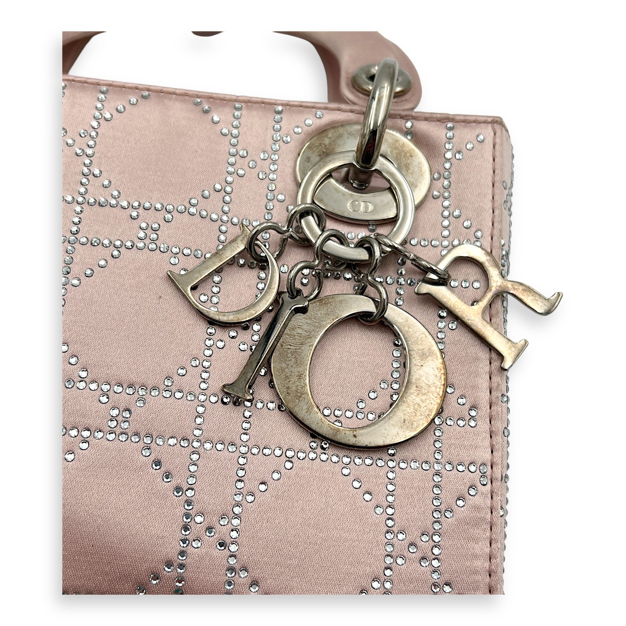 Lady Dior Top Handle Bag Mini Pink in Satin, Silver hardware