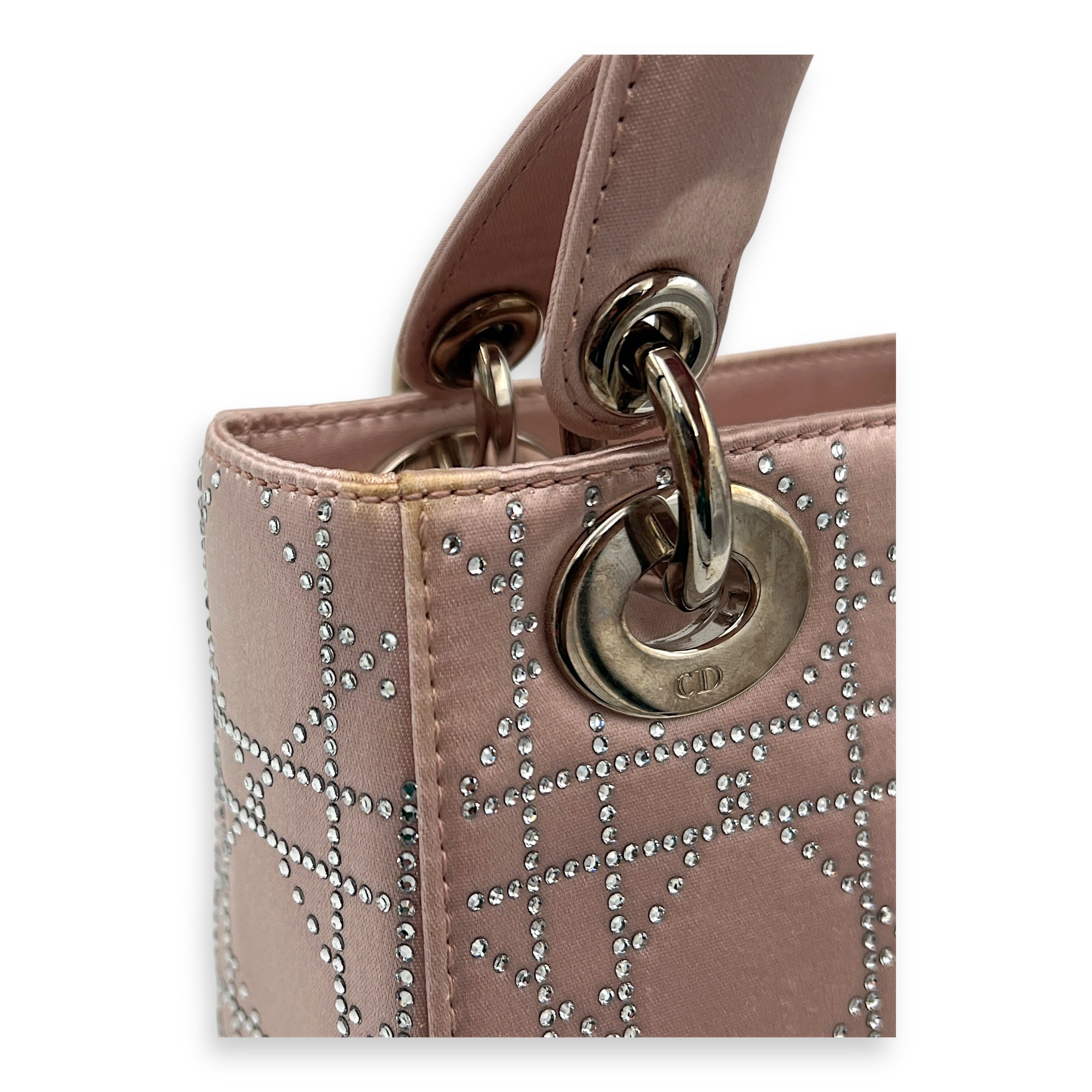 Lady Dior Top Handle Bag Mini Pink in Satin, Silver hardware