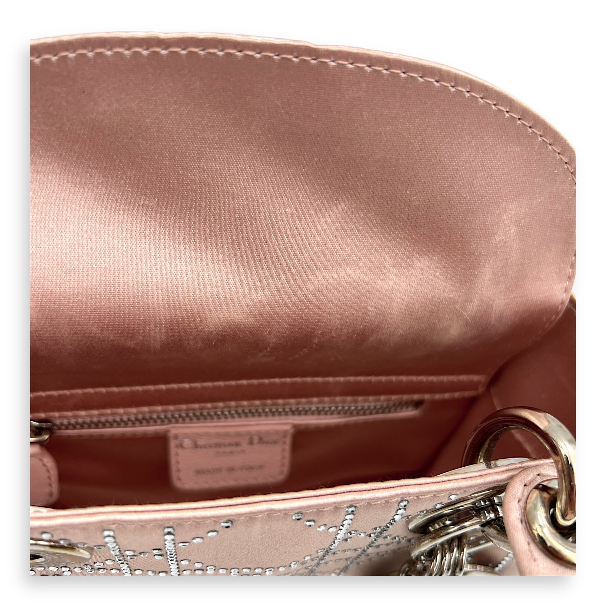 Lady Dior Top Handle Bag Mini Pink in Satin, Silver hardware