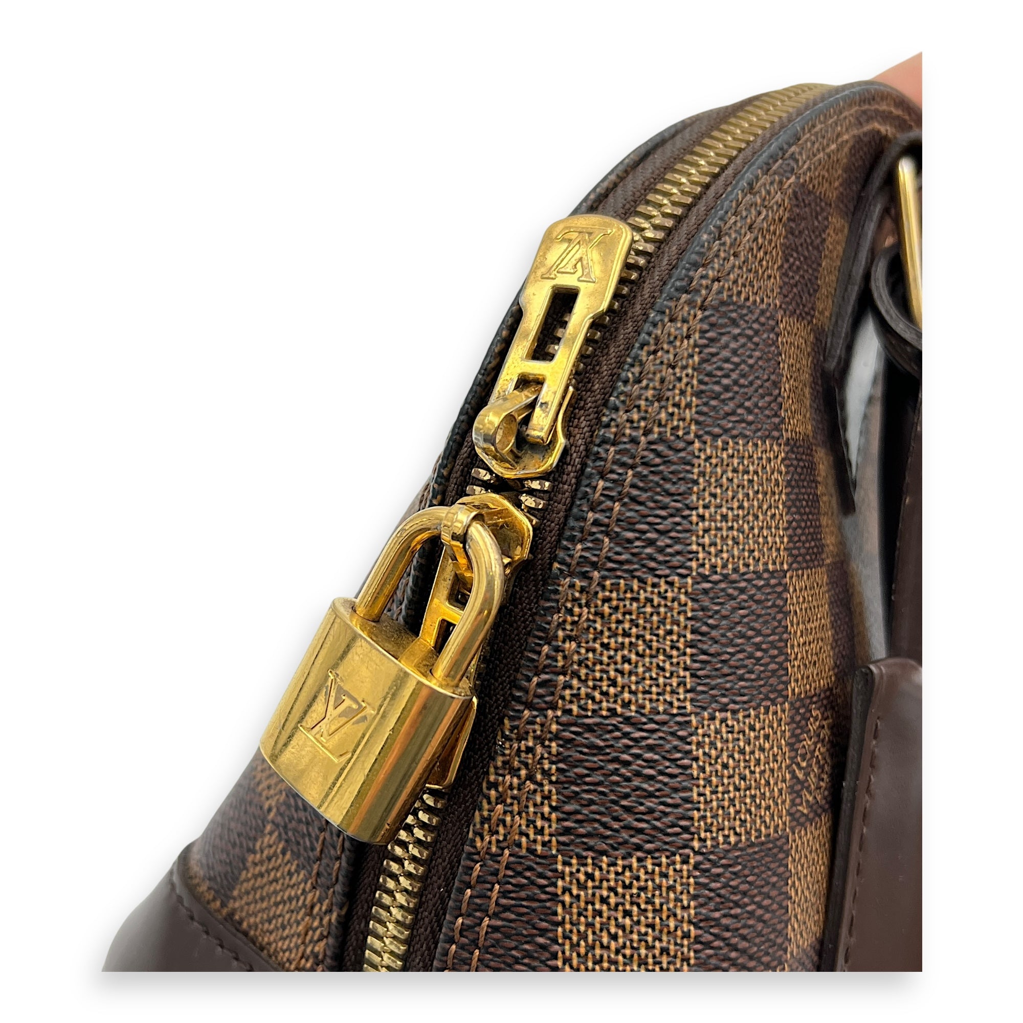 Alma Top Handle Bag Brown in Coated Canvas, Gold hardware