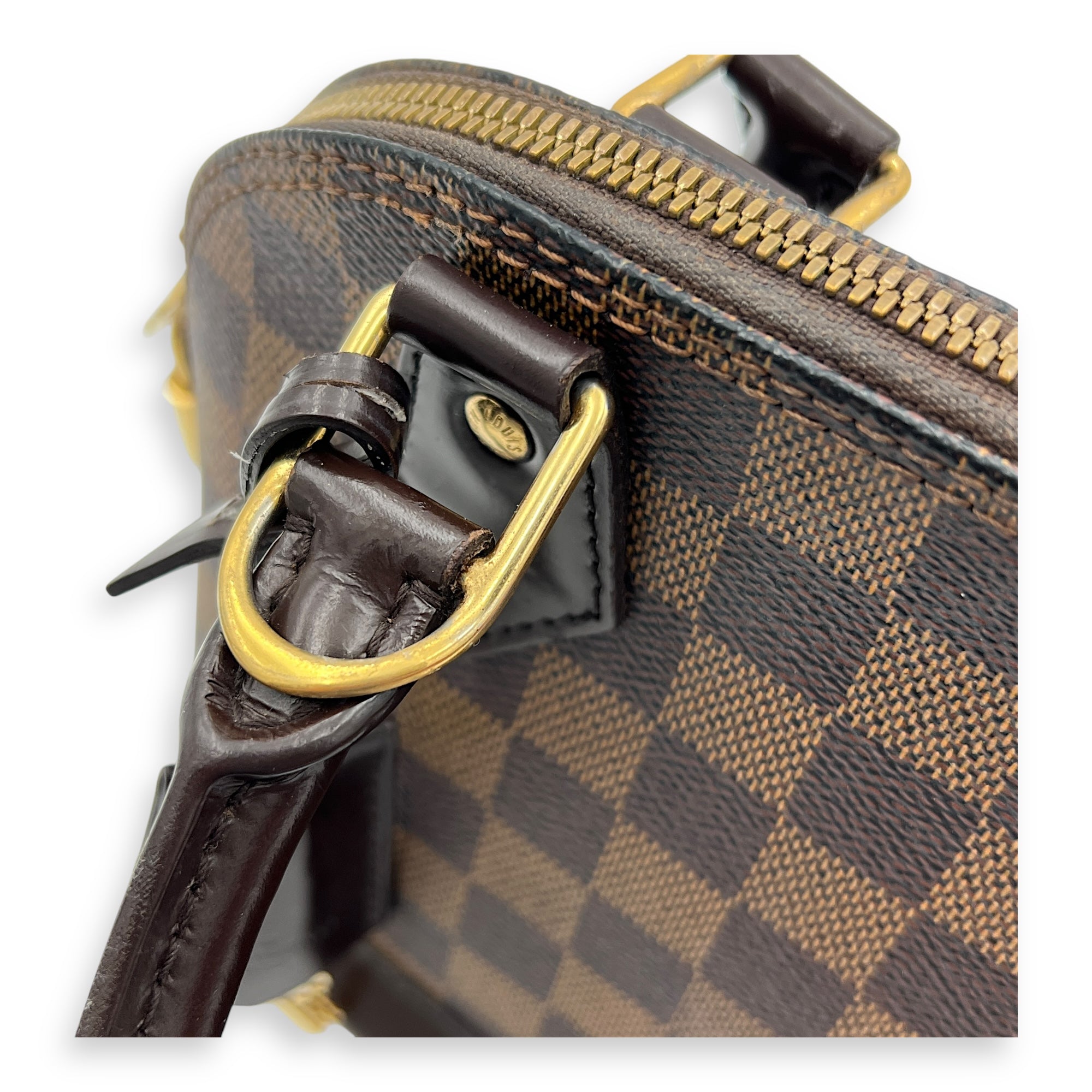 Alma Top Handle Bag Brown in Coated Canvas, Gold hardware