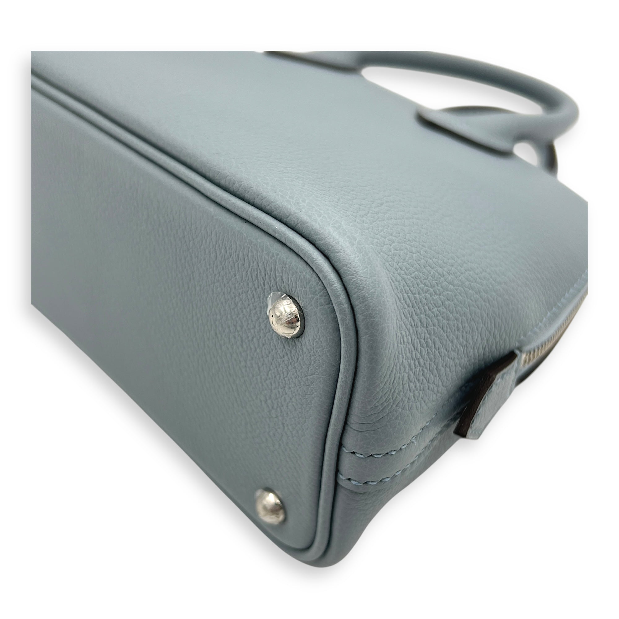 Bolide 1923 Mini Bleu Lin Top Handle Bag in Evercolor, Palladium hardware
