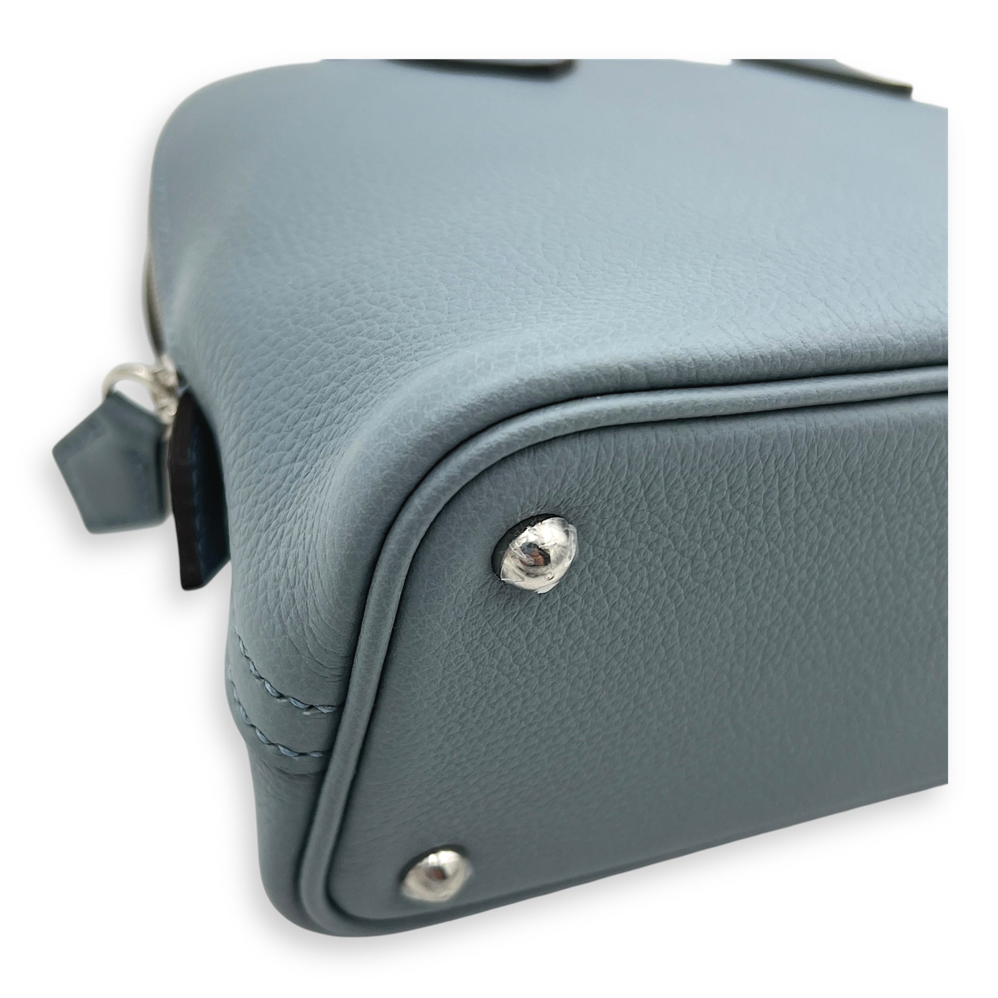 Bolide 1923 Mini Bleu Lin Top Handle Bag in Evercolor, Palladium hardware