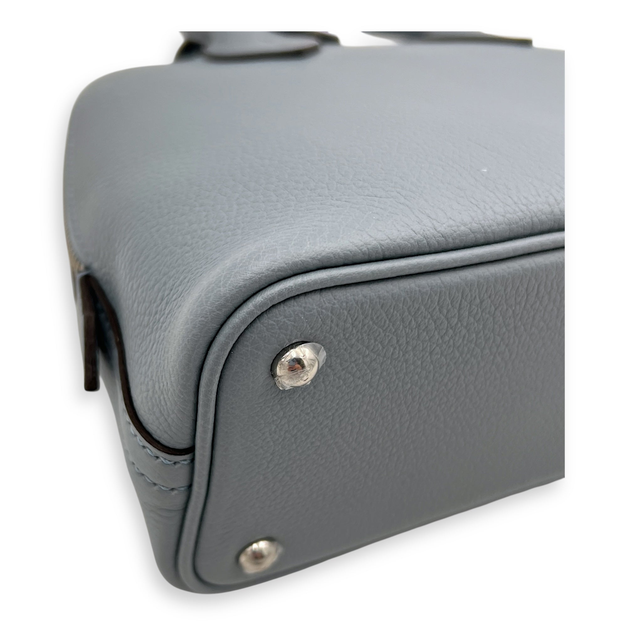 Bolide 1923 Mini Bleu Lin Top Handle Bag in Evercolor, Palladium hardware