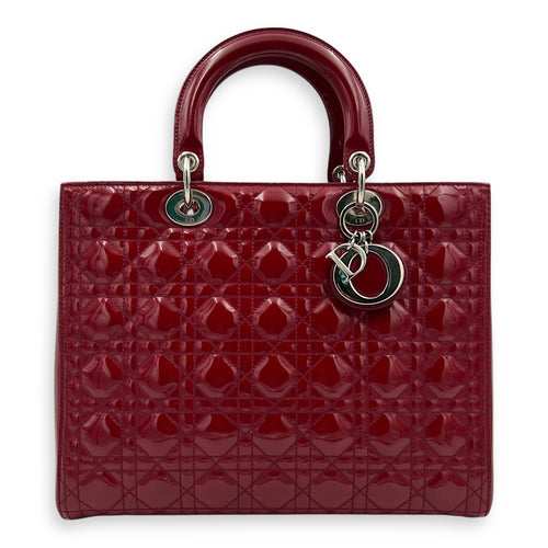 Lady Dior Large Red Top Handle Bag in Patent Leather, Silver hardware