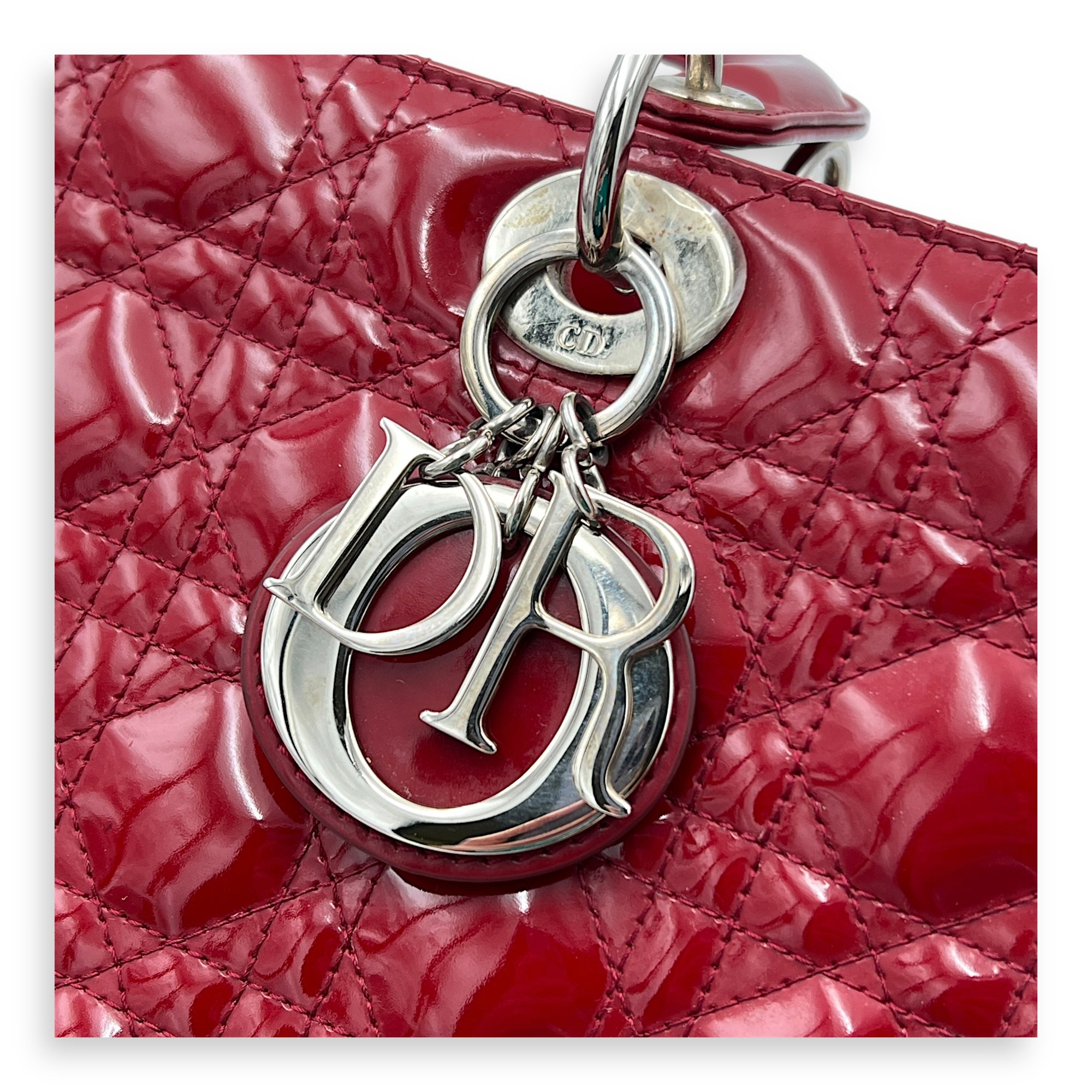 Lady Dior Large Red Top Handle Bag in Patent Leather, Silver hardware