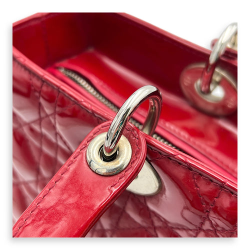 Lady Dior Large Red Top Handle Bag in Patent Leather, Silver hardware