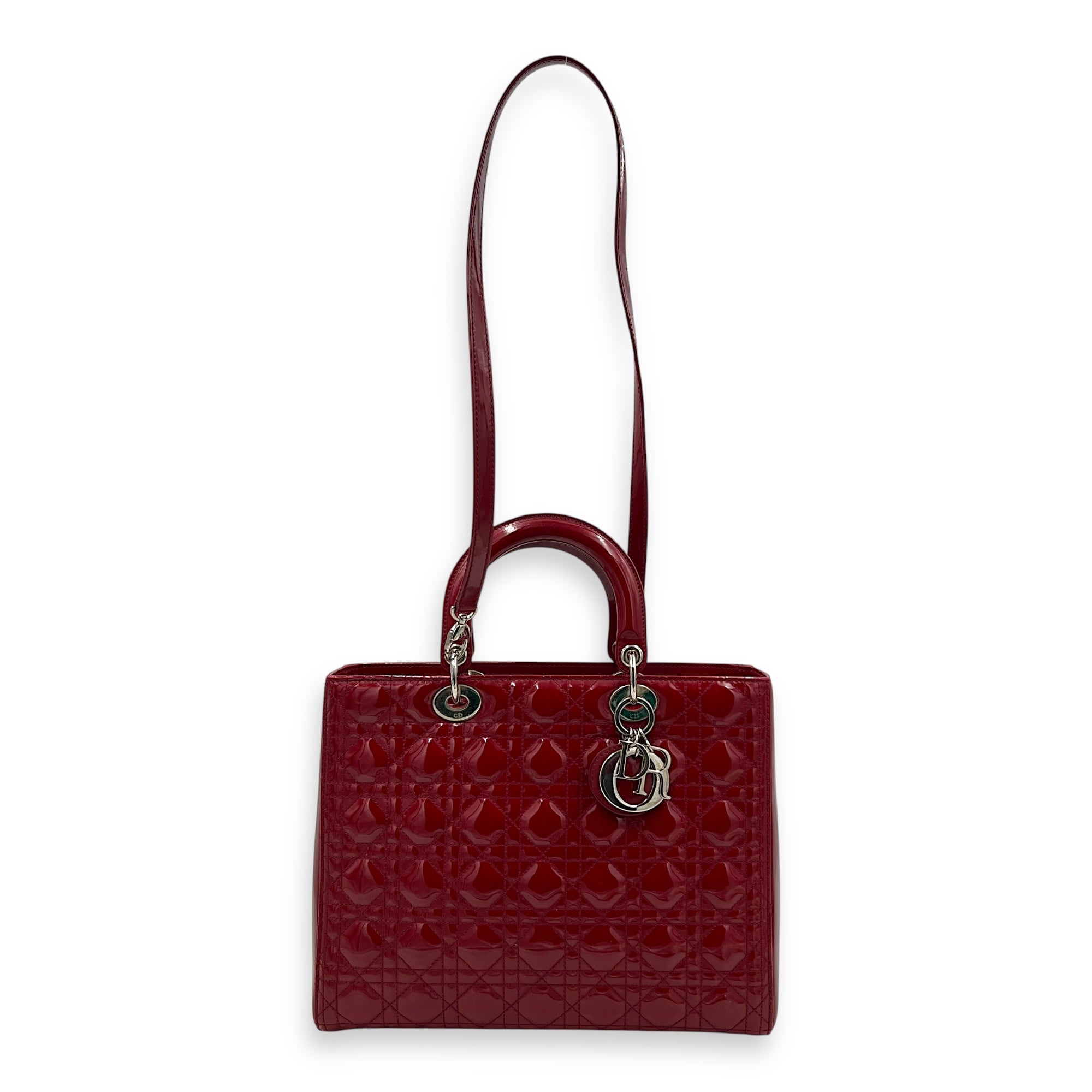 Lady Dior Large Red Top Handle Bag in Patent Leather, Silver hardware