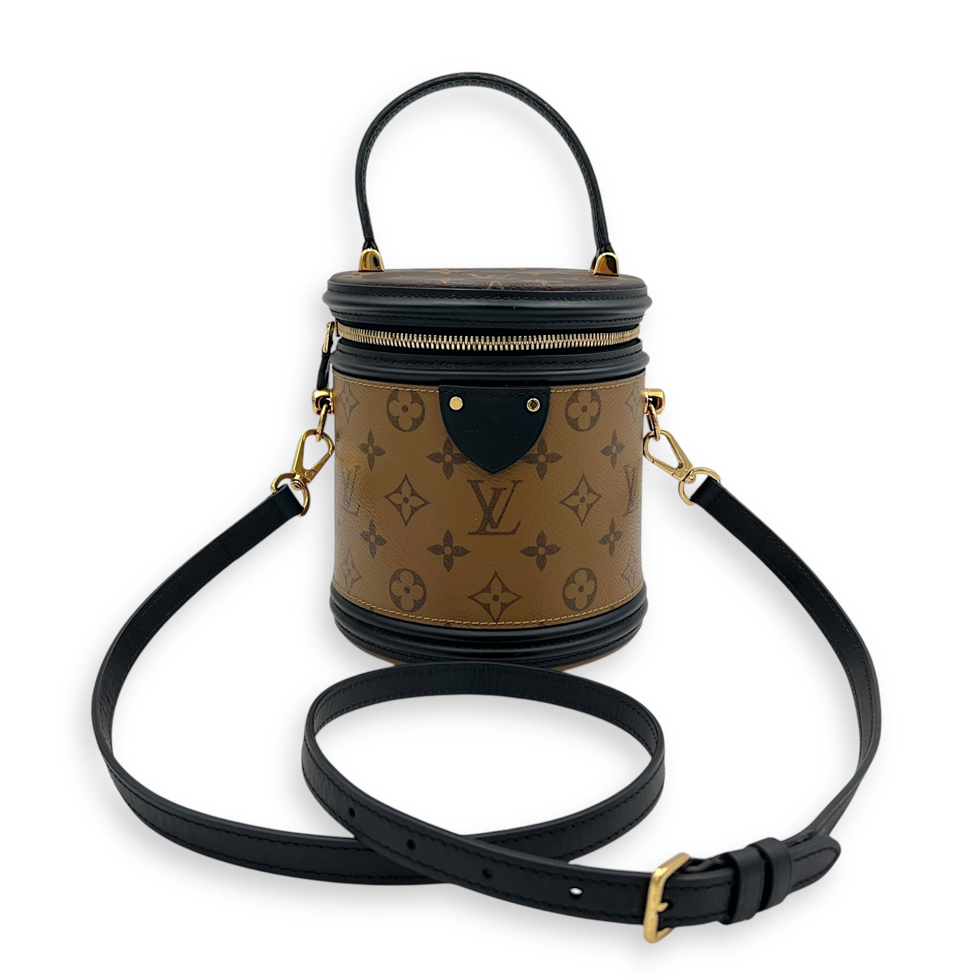 Cannes Brown Bucket Bag in Monogram Coated Canvas, Gold hardware
