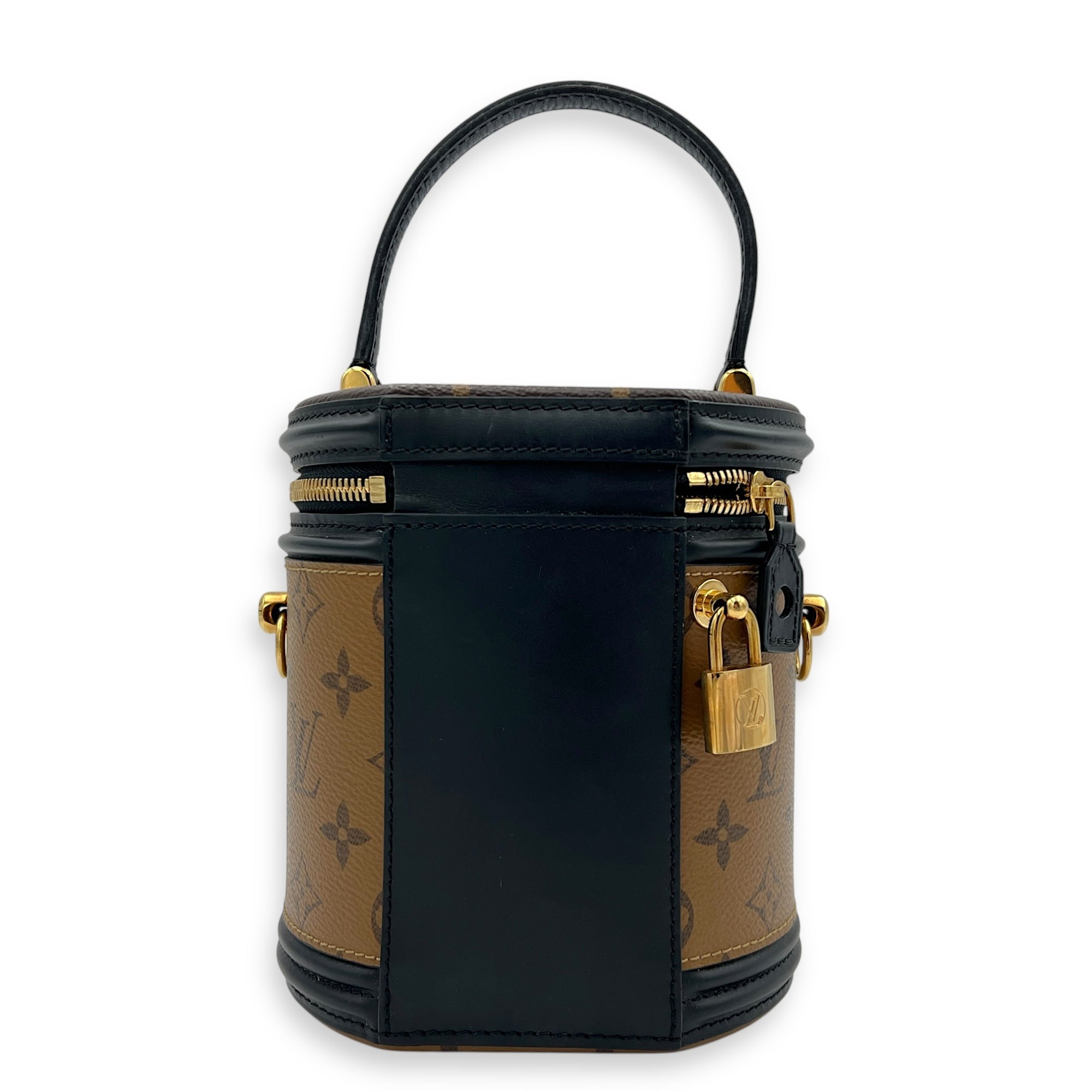 Cannes Brown Bucket Bag in Monogram Coated Canvas, Gold hardware