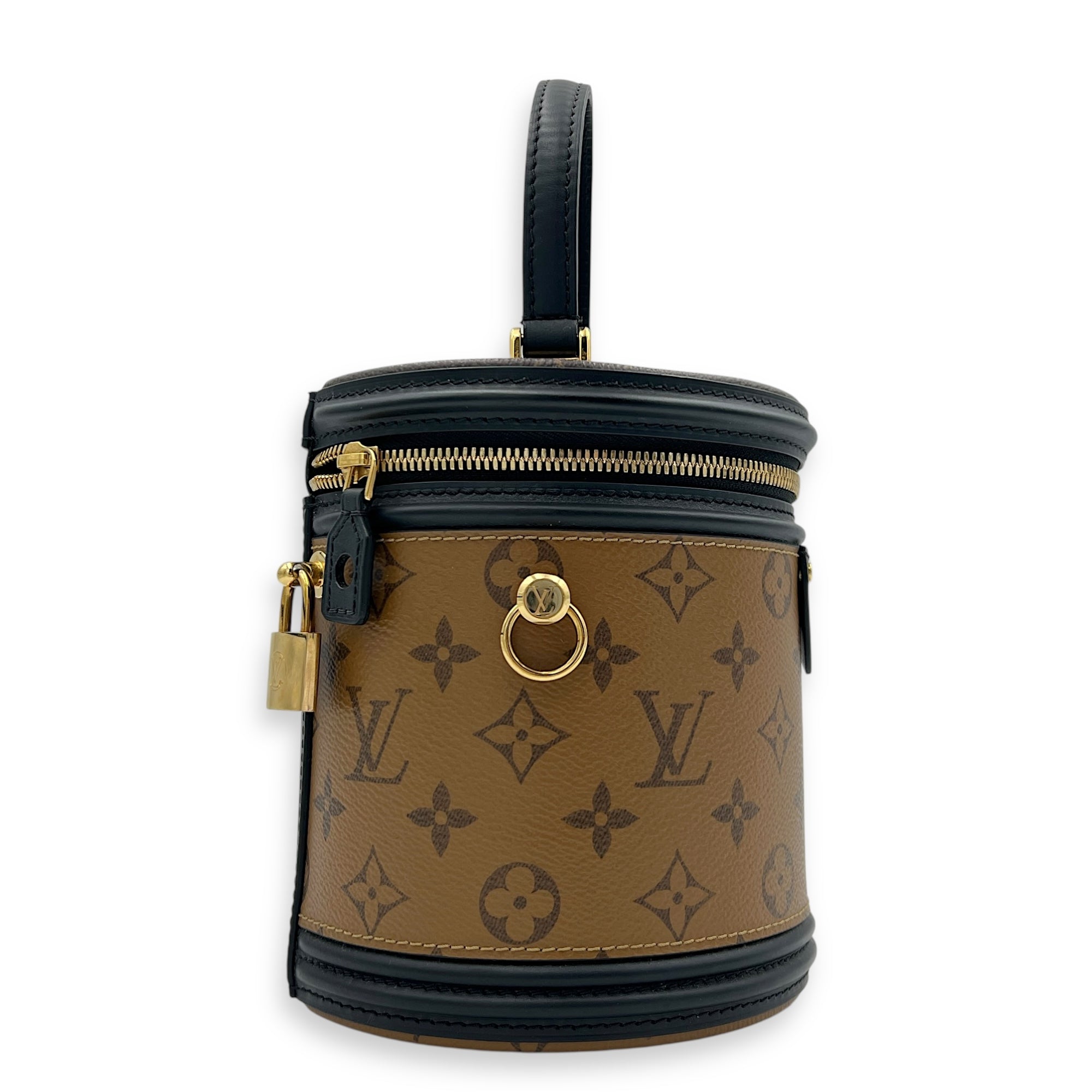 Cannes Brown Bucket Bag in Monogram Coated Canvas, Gold hardware