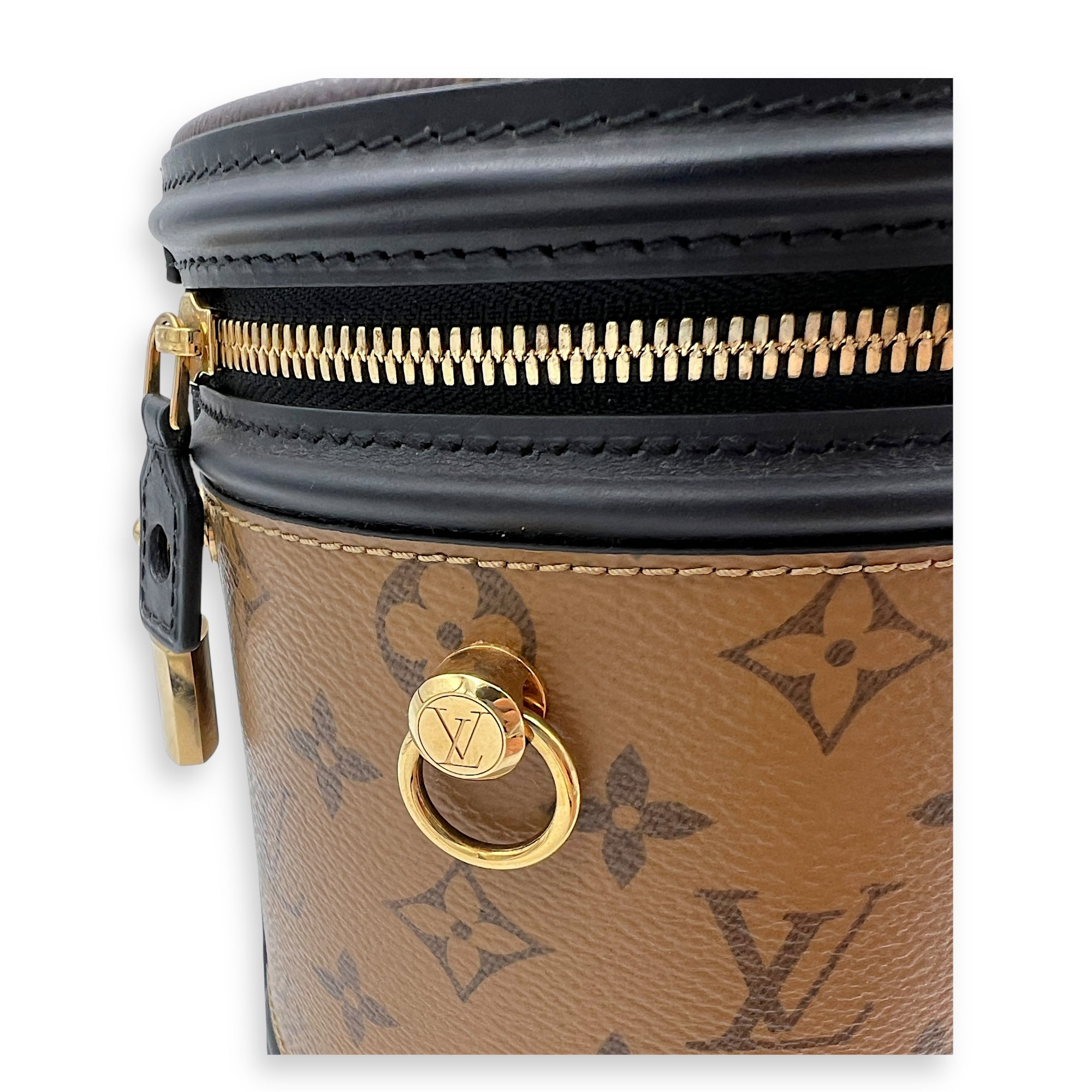 Cannes Brown Bucket Bag in Monogram Coated Canvas, Gold hardware