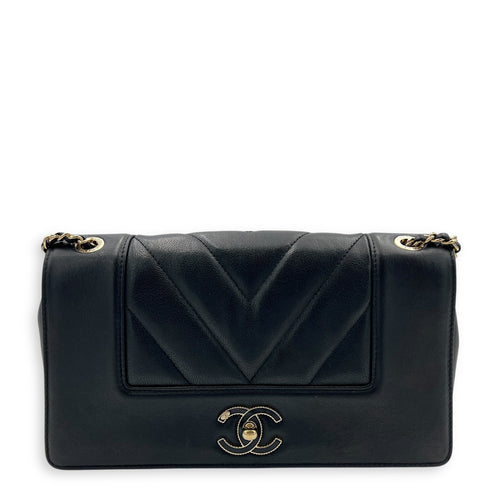Mademoiselle Shoulder Bag Black in Calfskin, Gold hardware
