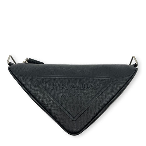 Triangle Shoulder Bag Black in Saffiano Leather, Silver hardware