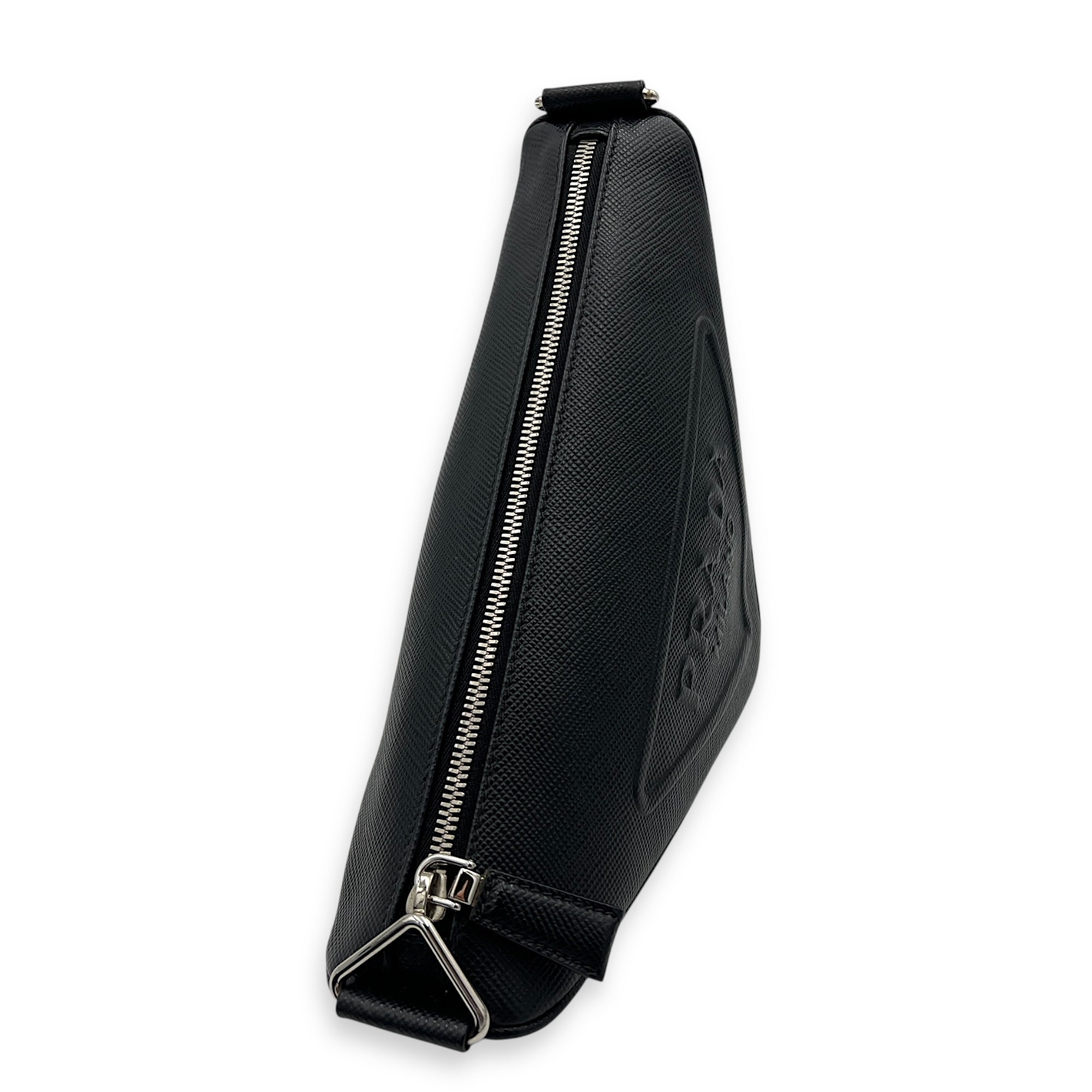 Triangle Shoulder Bag Black in Saffiano Leather, Silver hardware
