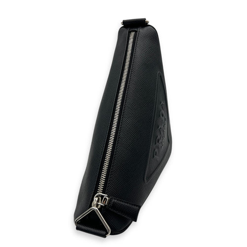 Triangle Shoulder Bag Black in Saffiano Leather, Silver hardware