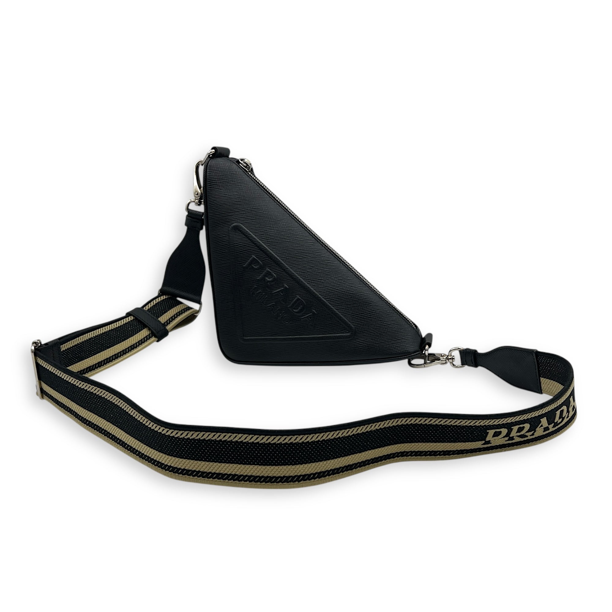 Triangle Shoulder Bag Black in Saffiano Leather, Silver hardware