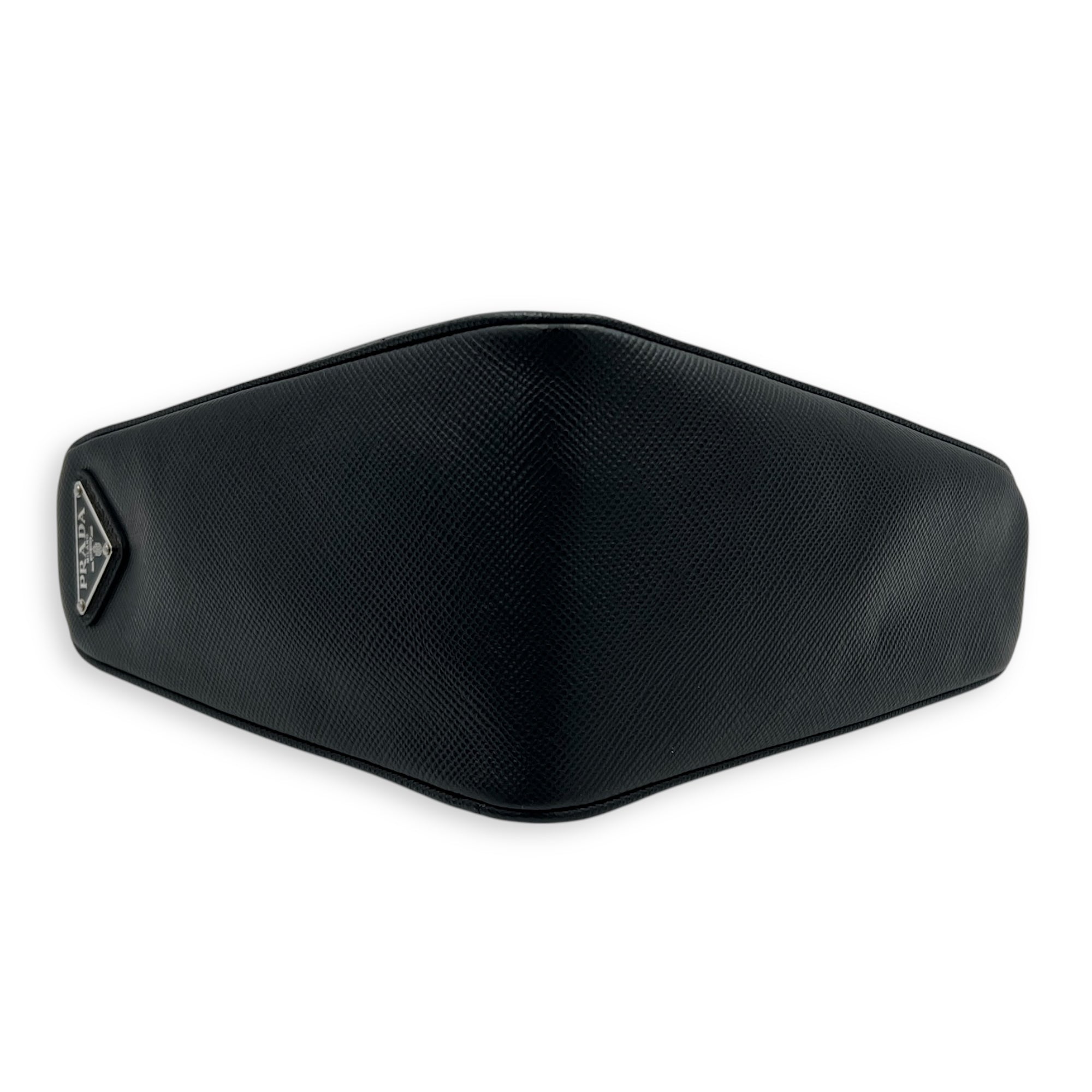 Triangle Shoulder Bag Black in Saffiano Leather, Silver hardware