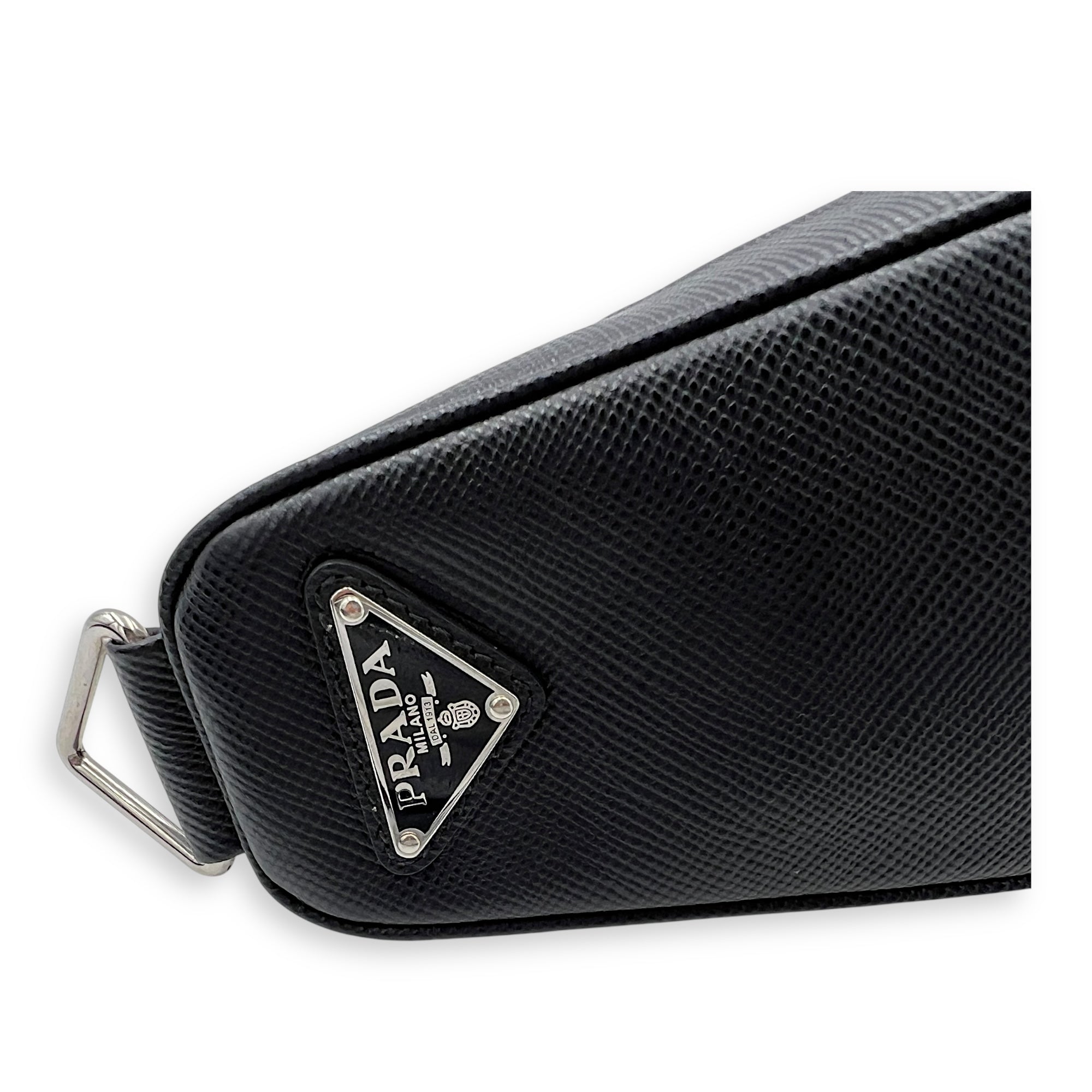 Triangle Shoulder Bag Black in Saffiano Leather, Silver hardware