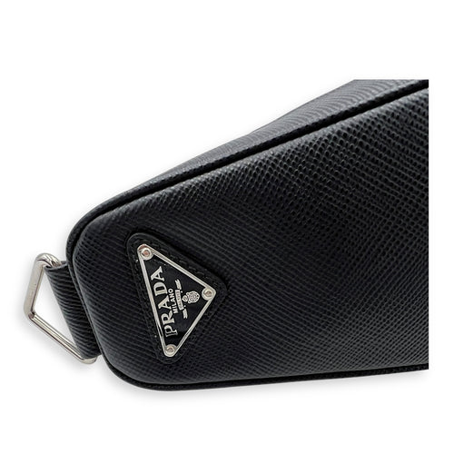Triangle Shoulder Bag Black in Saffiano Leather, Silver hardware