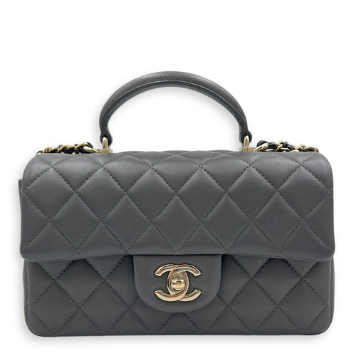 CC Rectangle  Top Handle Bag Grey in Lambskin, Gold hardware