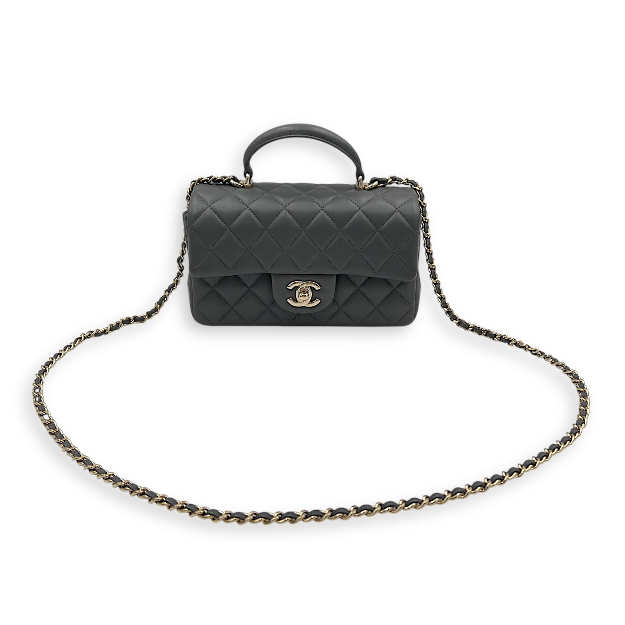 CC Rectangle  Top Handle Bag Grey in Lambskin, Gold hardware