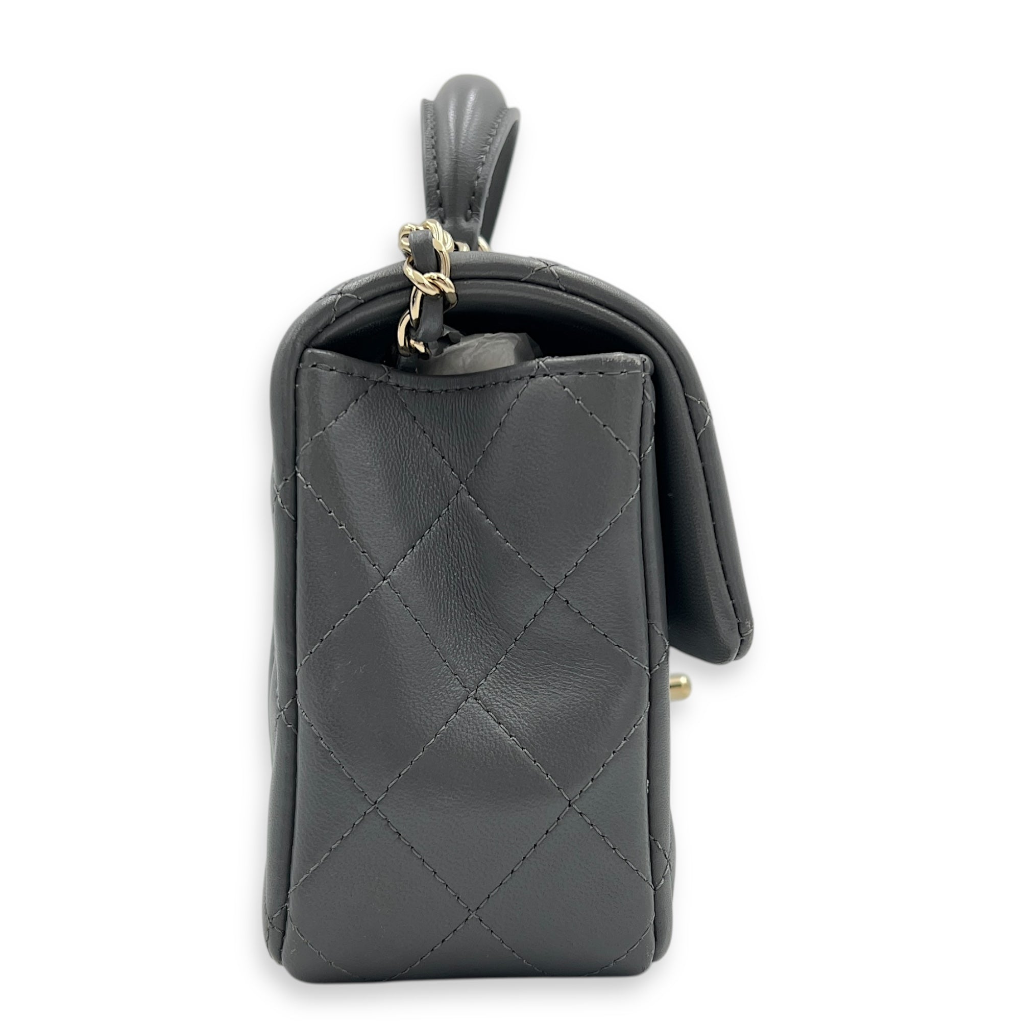 CC Rectangle  Top Handle Bag Grey in Lambskin, Gold hardware