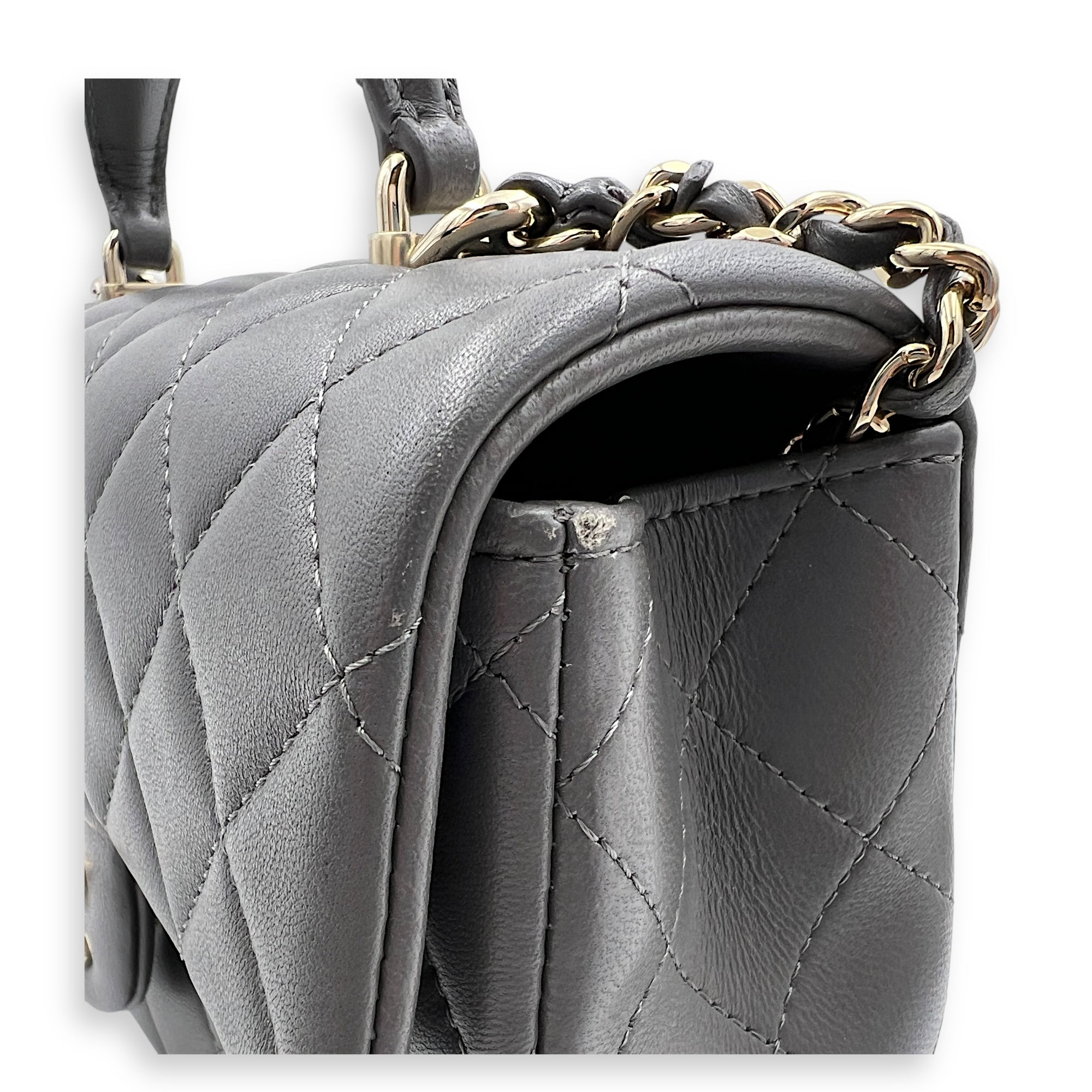 CC Rectangle  Top Handle Bag Grey in Lambskin, Gold hardware