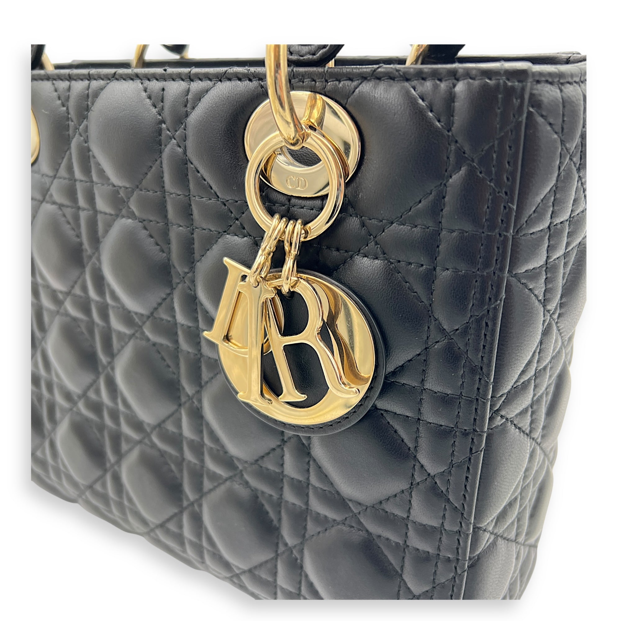 Lady Dior Medium Black Top Handle Bag in Lambskin, Gold hardware