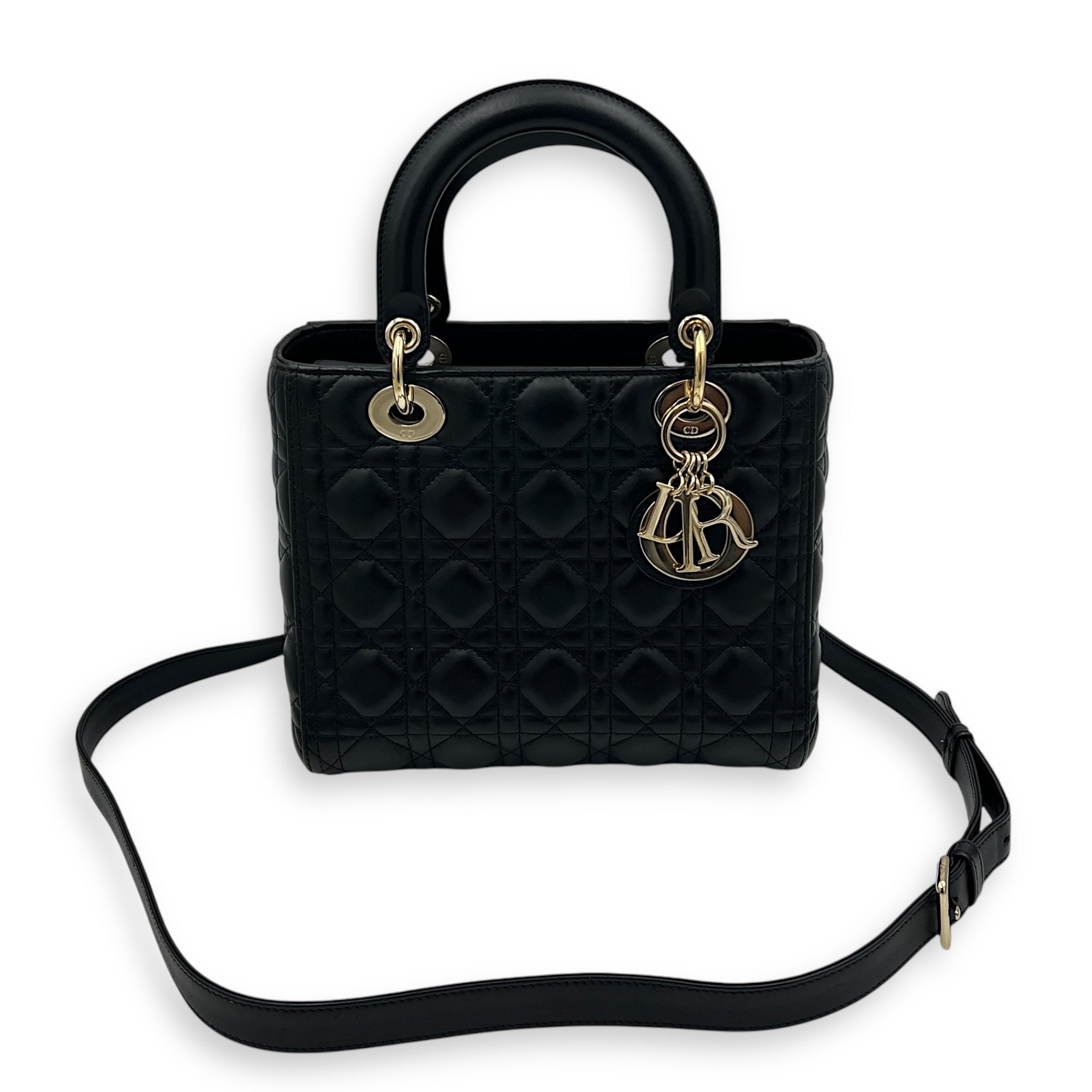 Lady Dior Medium Black Top Handle Bag in Lambskin, Gold hardware